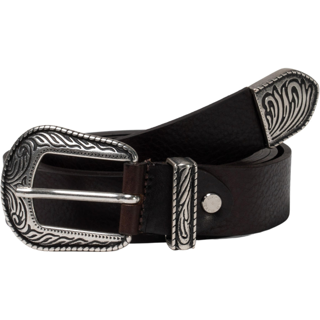 Cintura western donna in pelle marrone con puntale in metallo inciso