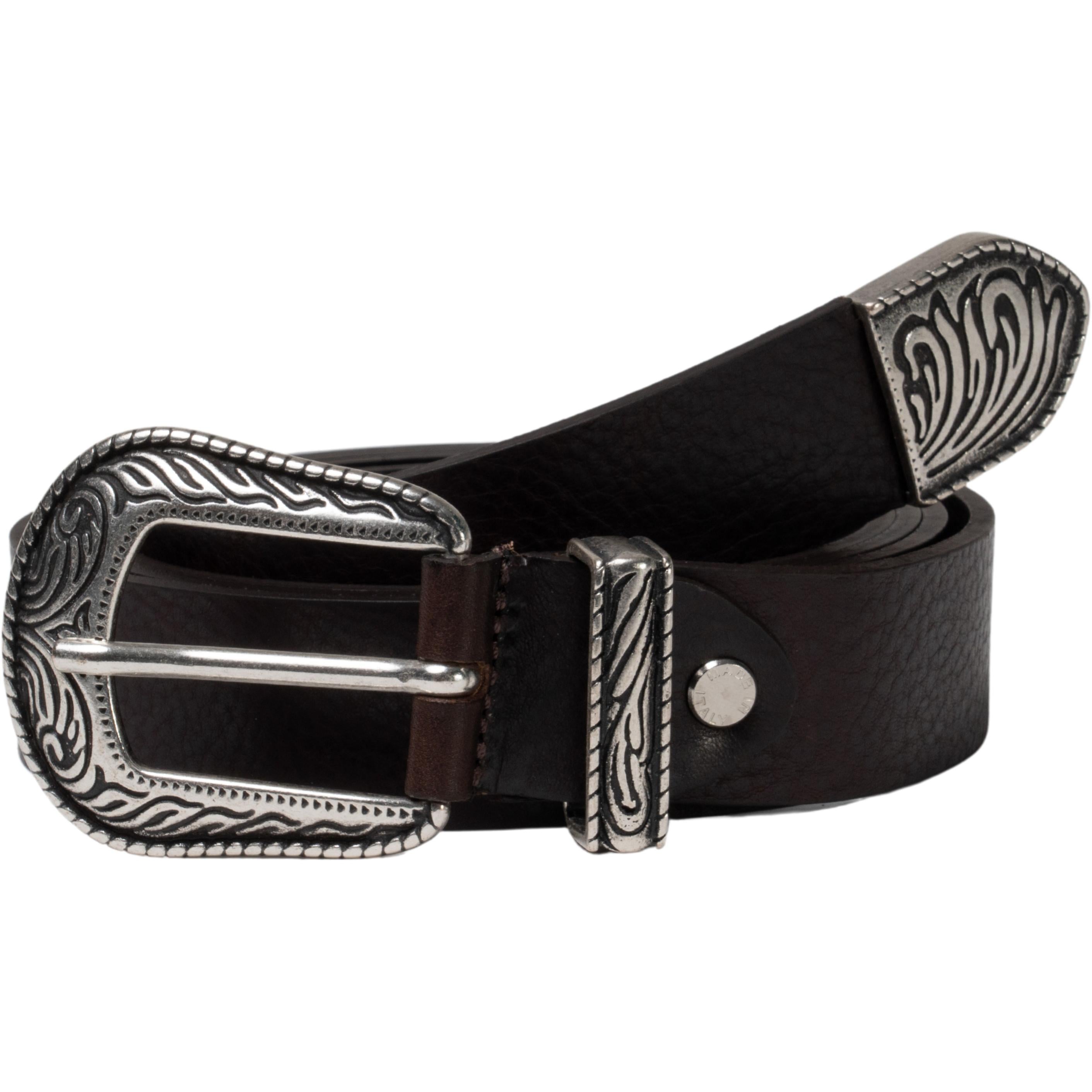 Cintura western donna in pelle marrone con puntale in metallo inciso