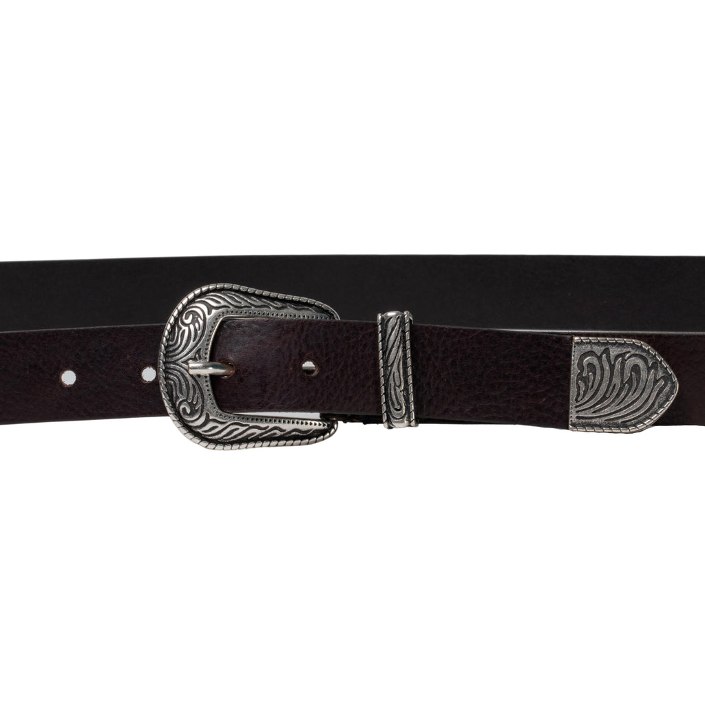 Cintura western donna in pelle marrone con puntale in metallo inciso