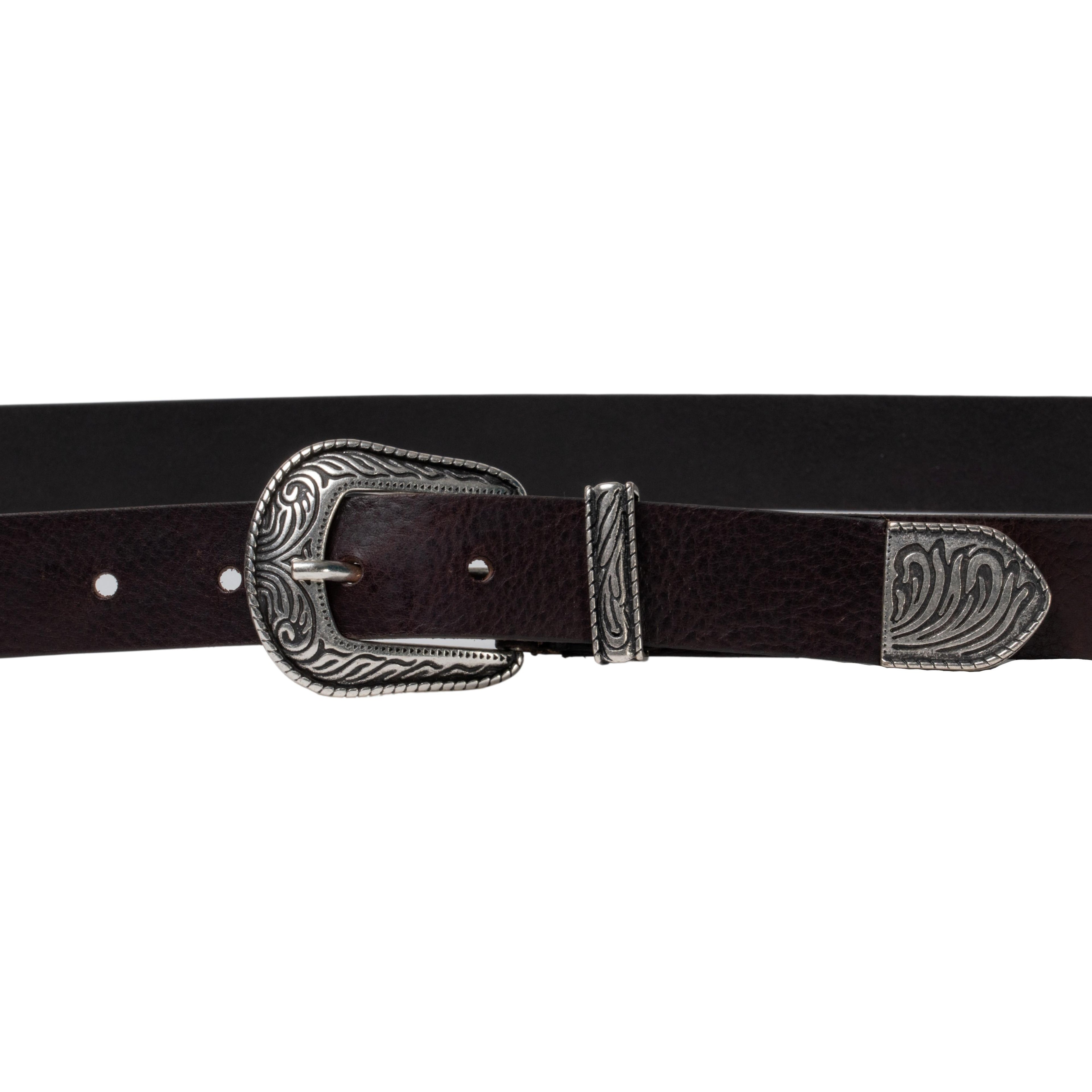 Cintura western donna in pelle marrone con puntale in metallo inciso