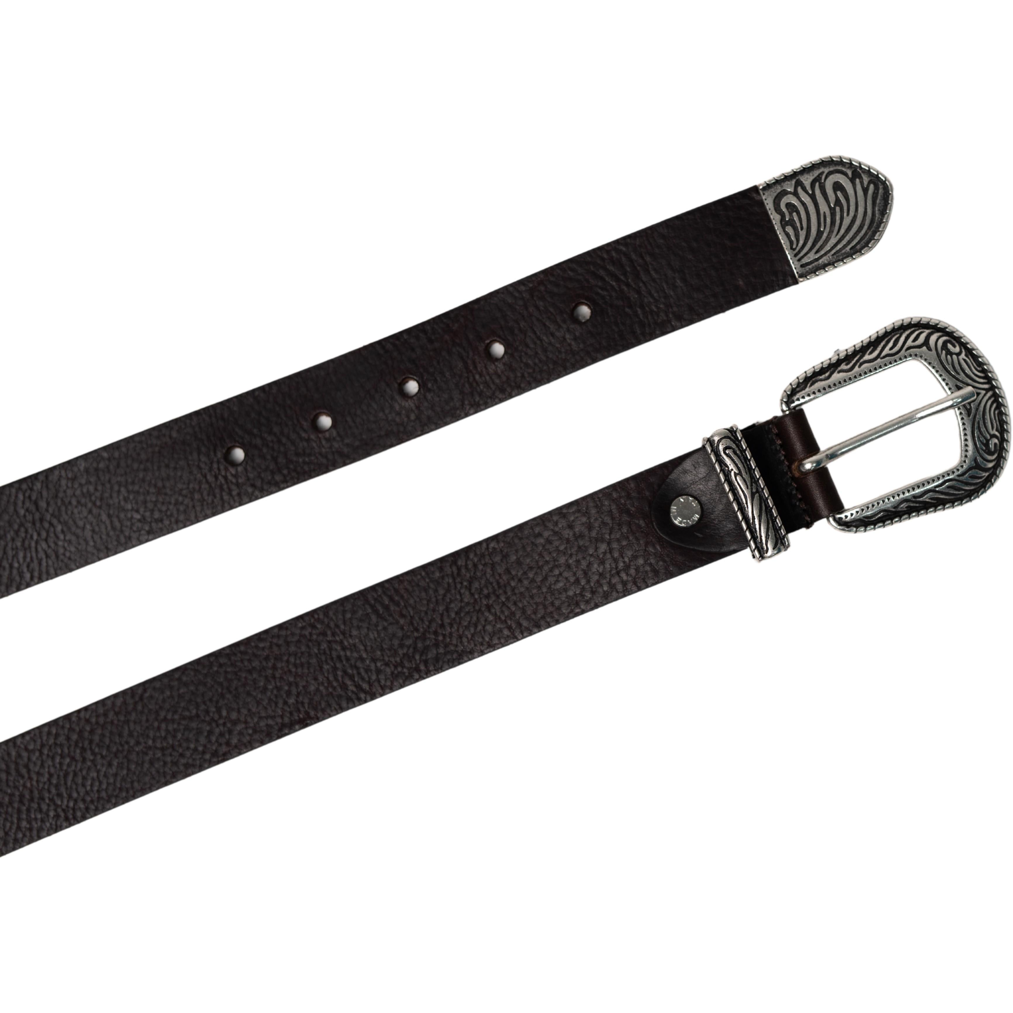 Cintura western donna in pelle marrone con puntale in metallo inciso