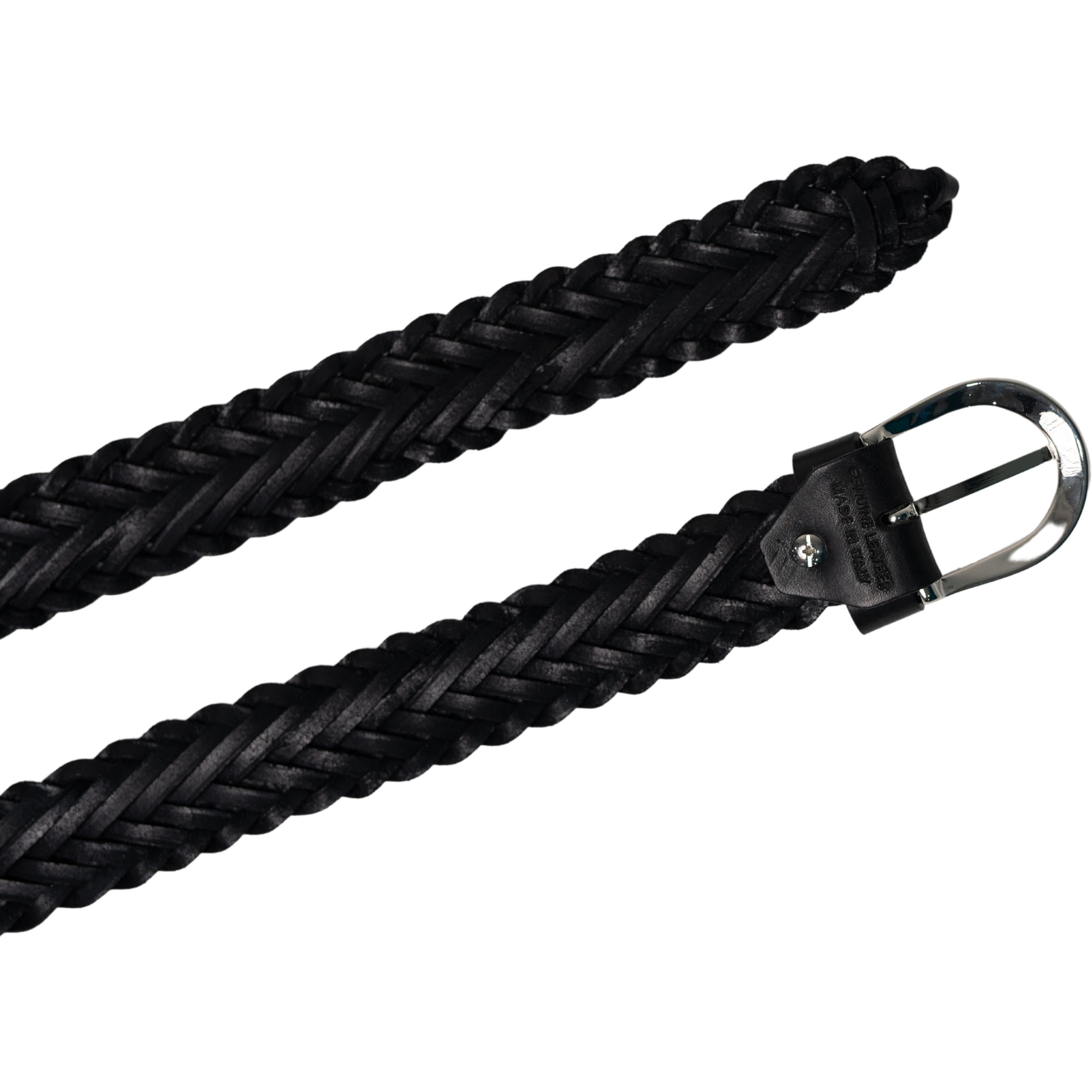 Cintura intrecciata a mano in pelle nera 3 cm