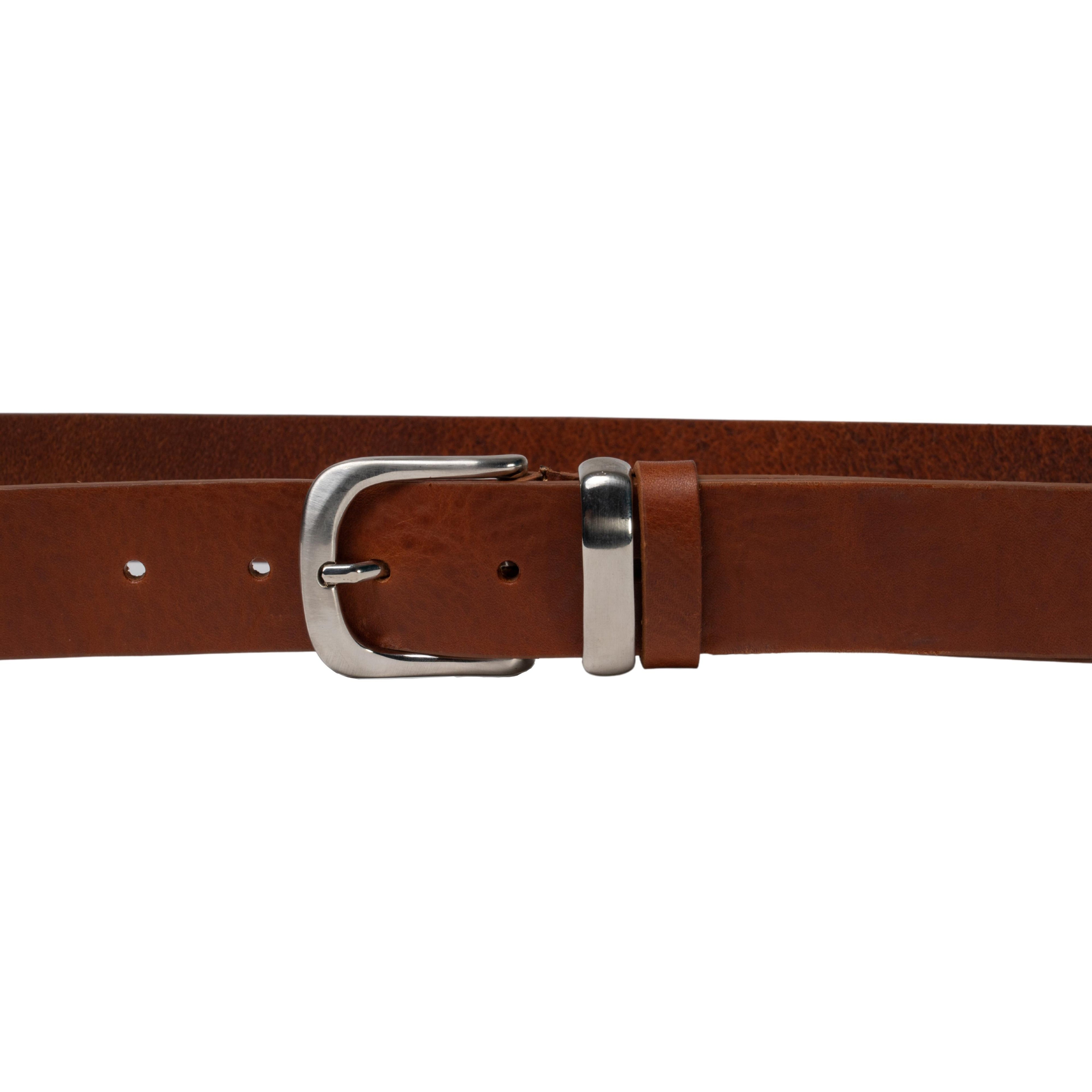 Cintura in pelle color cuoio con fibbia e passante in metallo