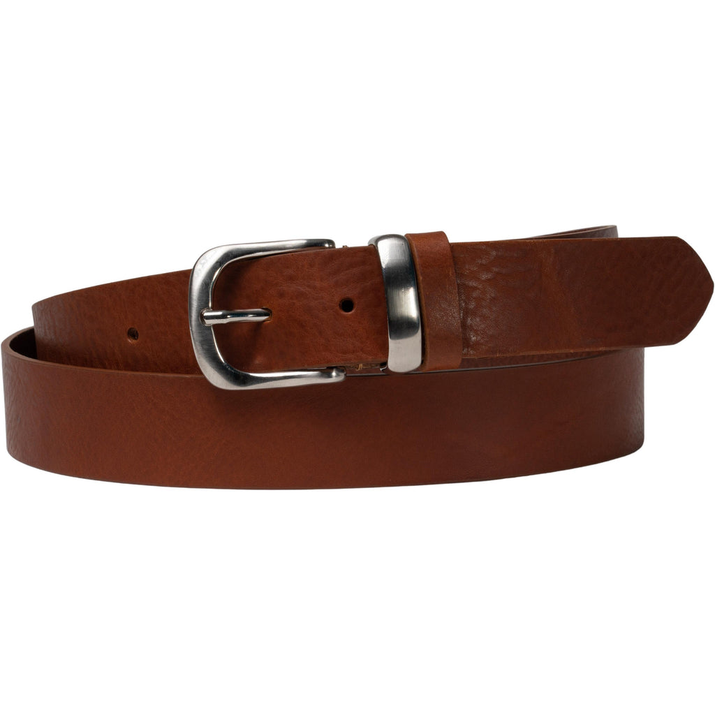 Cintura in pelle color cuoio con fibbia e passante in metallo