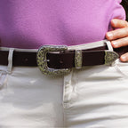 Cintura western donna in pelle marrone scuro con fibbia in metallo