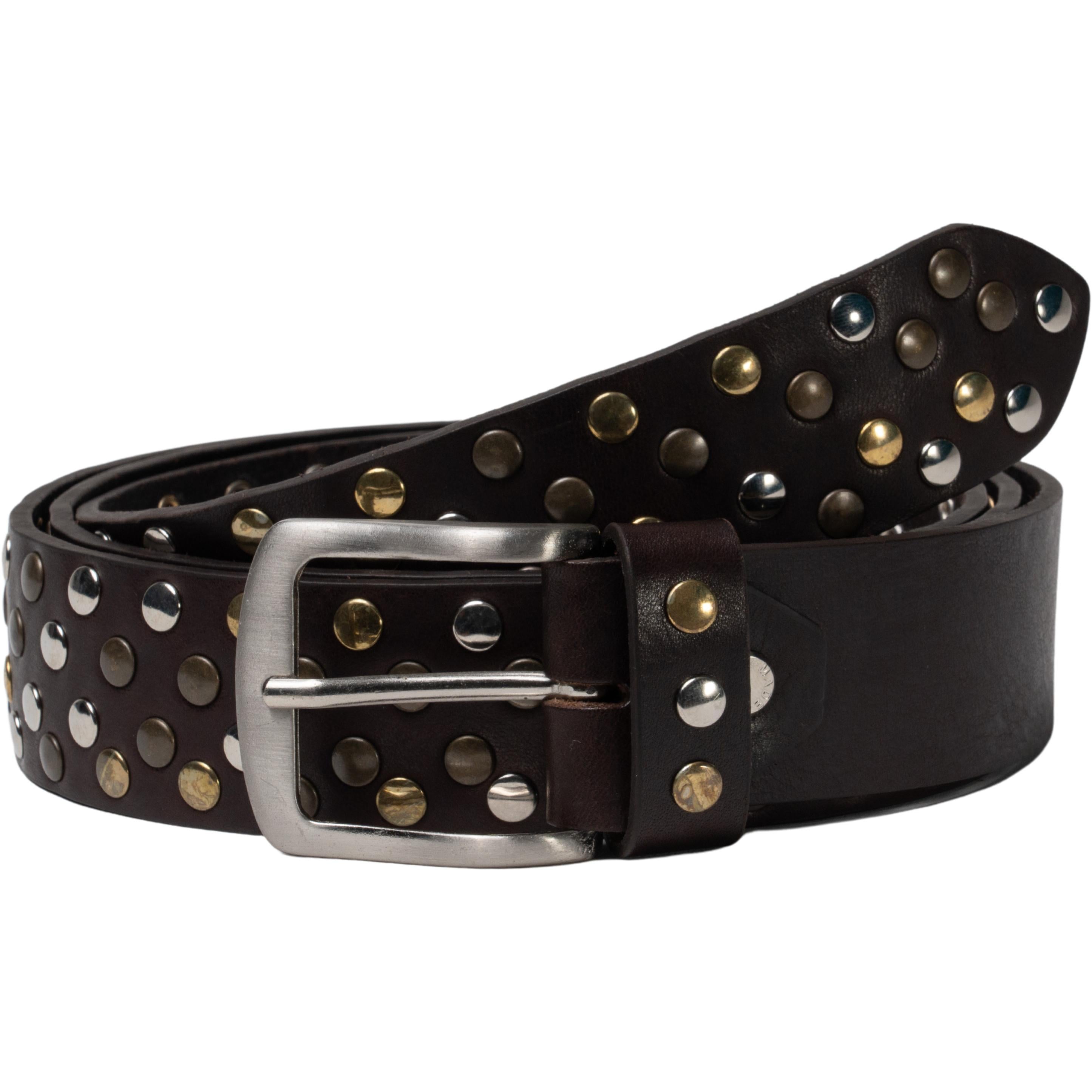 Cintura borchiata in pelle marrone scuro di 3,5 cm unisex