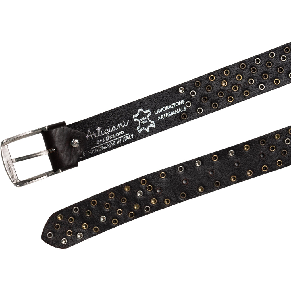 Cintura borchiata in pelle marrone scuro di 3,5 cm unisex