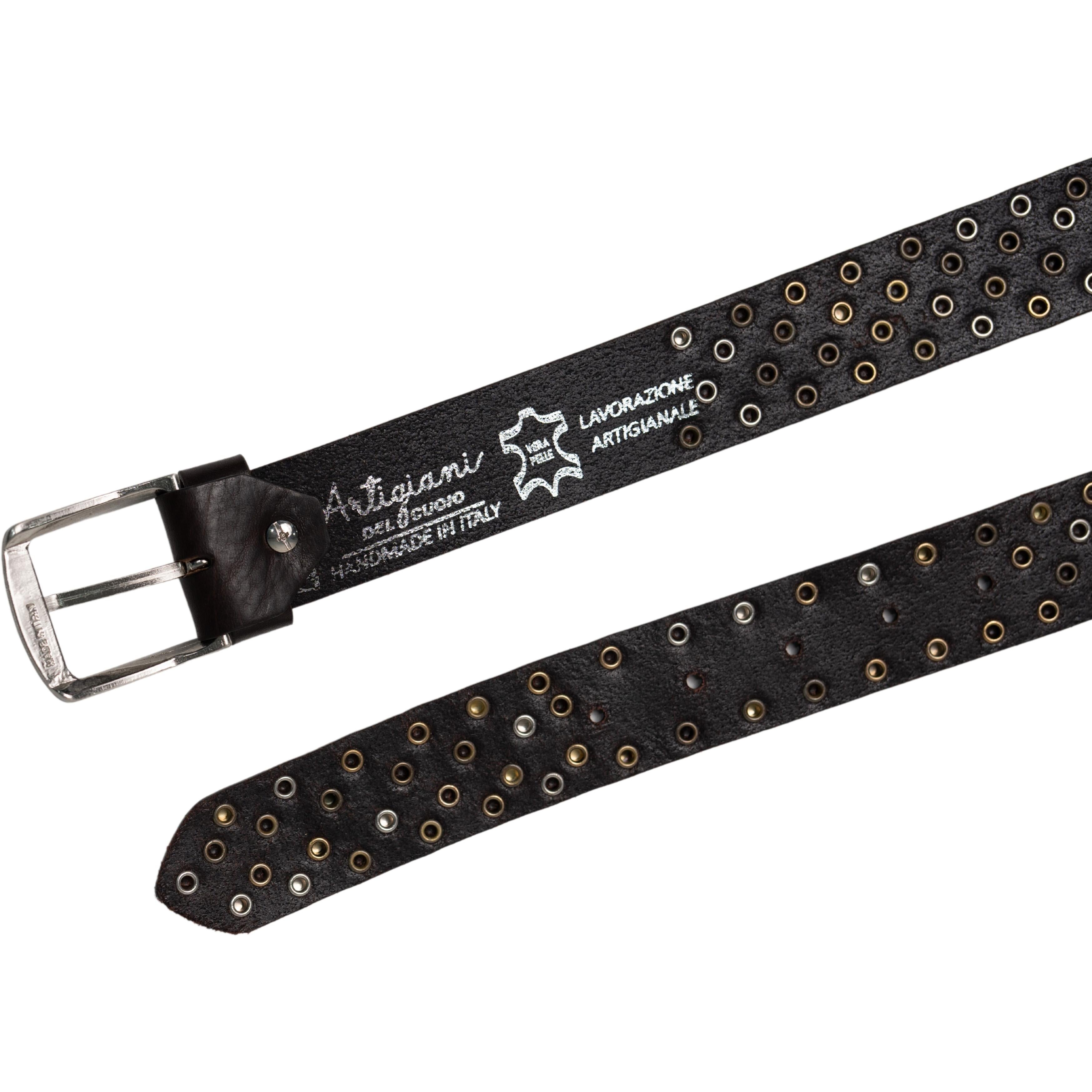 Cintura borchiata in pelle marrone scuro di 3,5 cm unisex