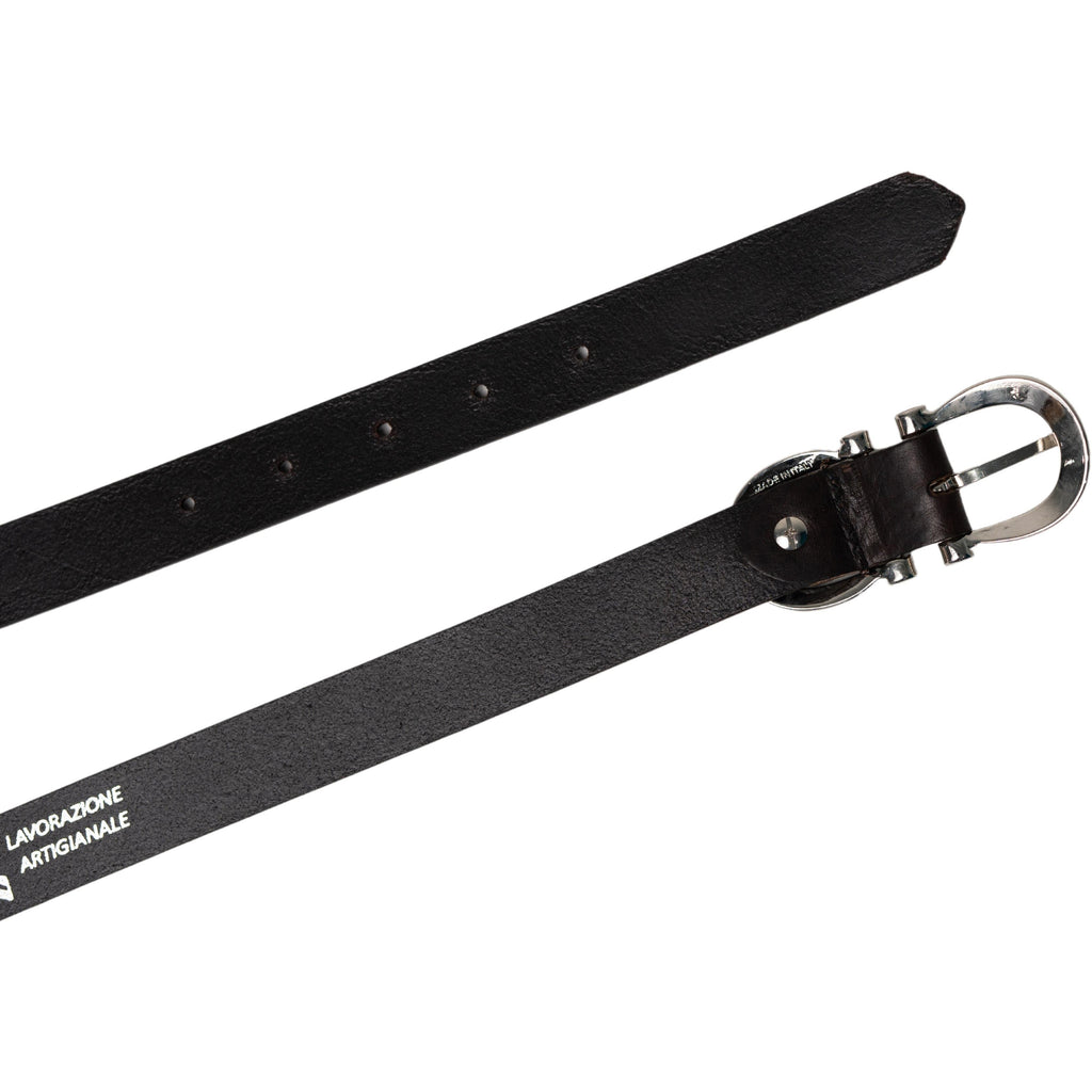 Cintura artigianale in pelle marrone con fibbia ad otto in metallo