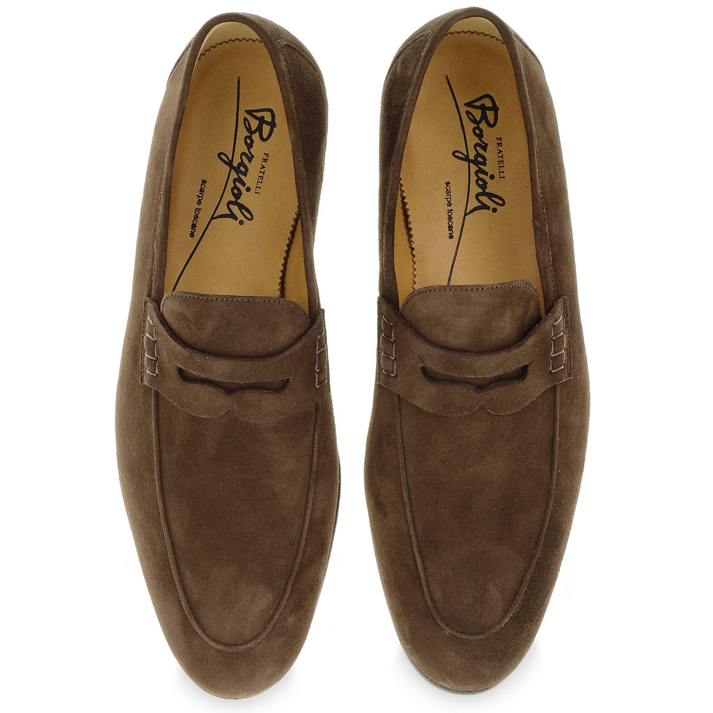 Brown suede penny loafers by Fratelli Borgioli – handcrafted