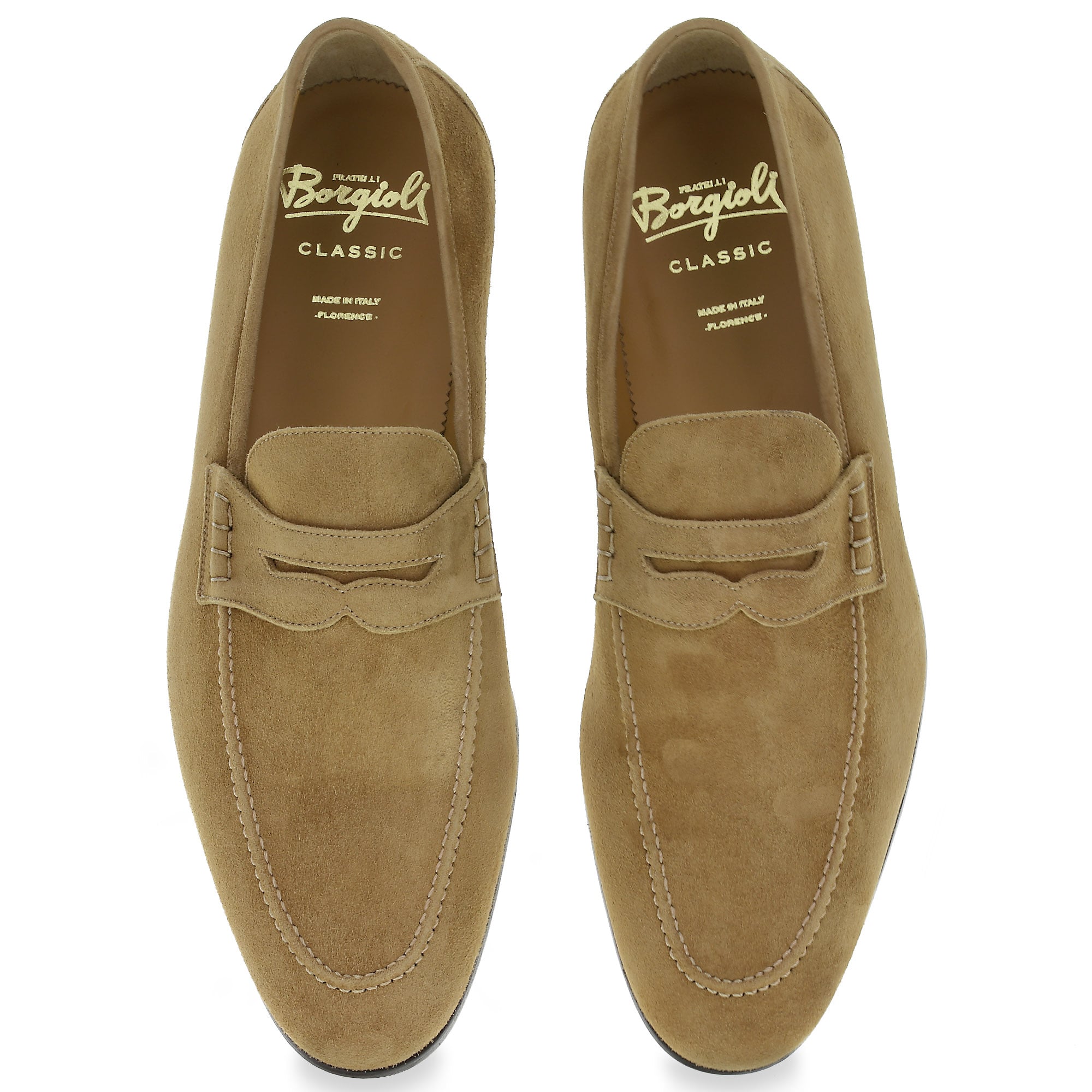Mocassin penny en daim beige par Fratelli Borgioli – faits main