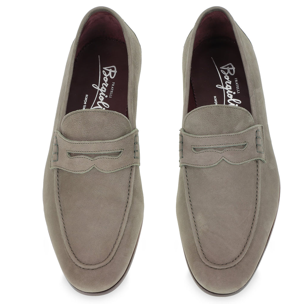 Penny loafer in gray nubuck leather by Fratelli Borgioli – handcrafted