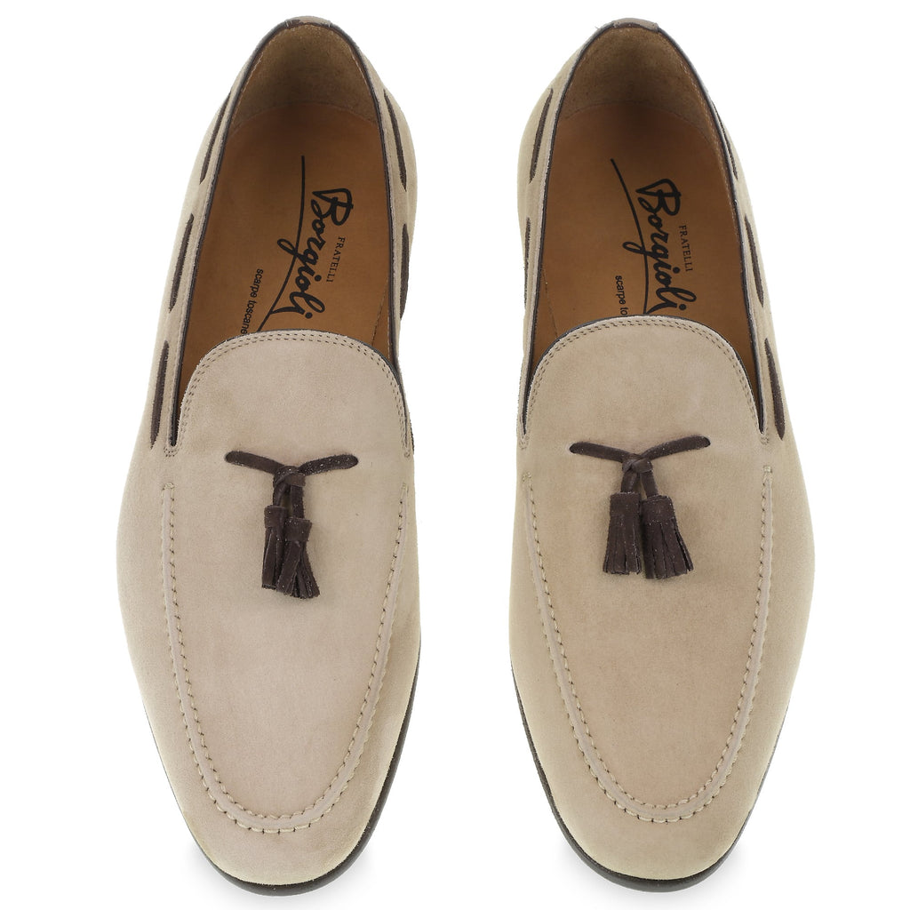 Tassels loafers in beige suede leather by Fratelli Borgioli – handmade