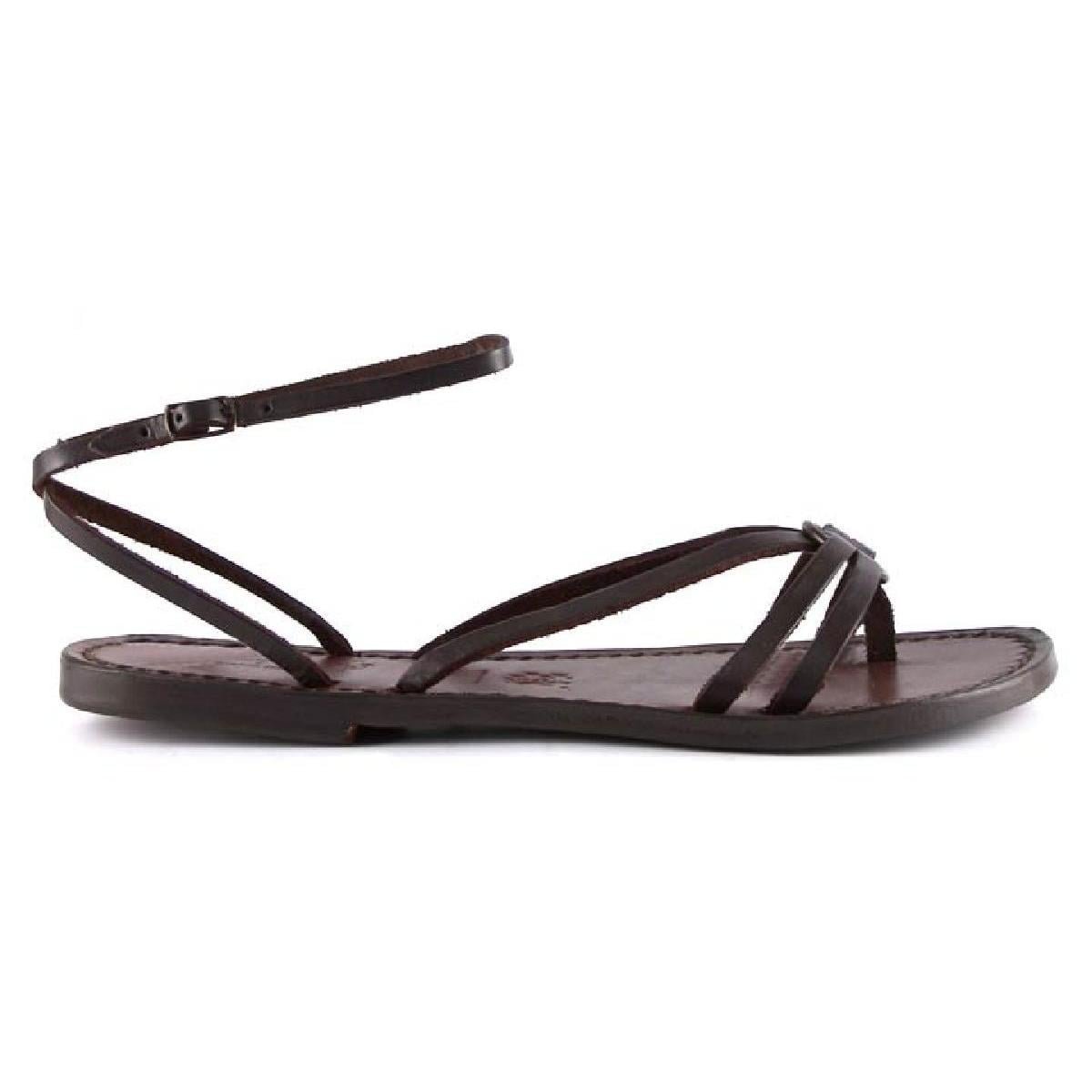 Fache sandalen damen aus dunkelbraunem Leder in Italien von Hand gefertigt