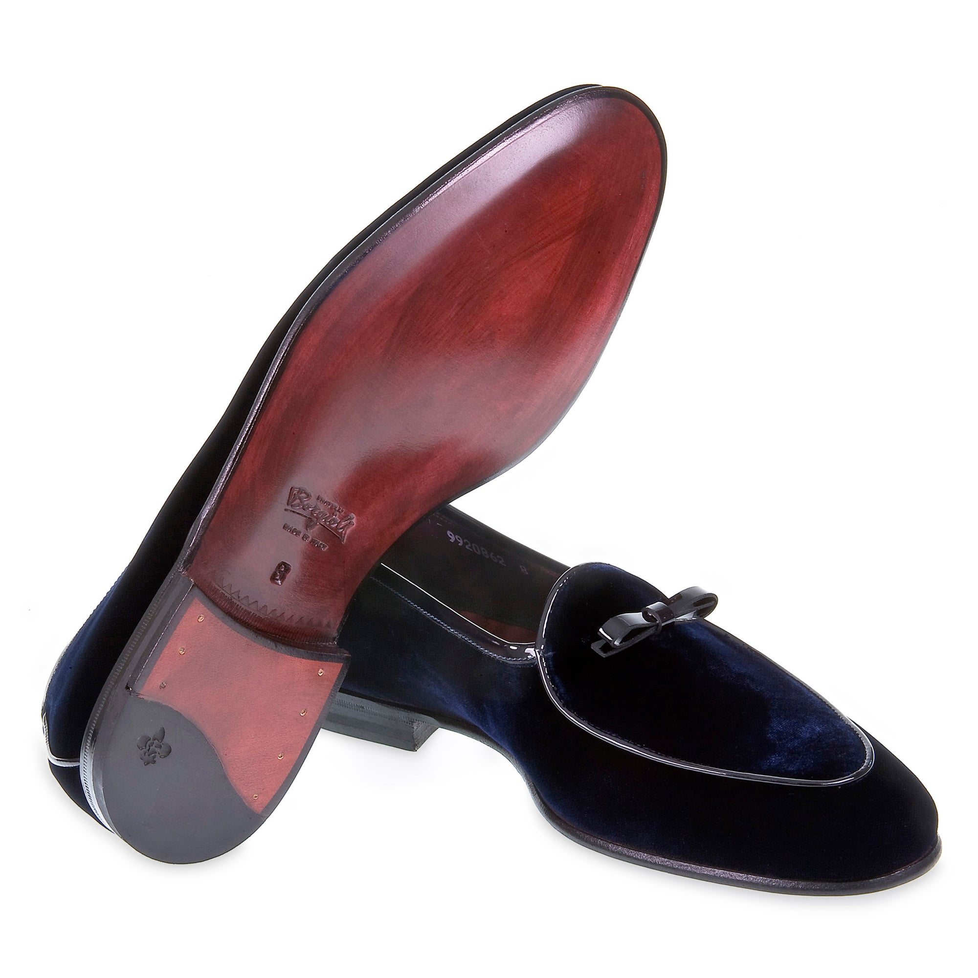 Mocassin belge en velours bleu foncé et cuir verni par Fratelli Borgioli – faits main