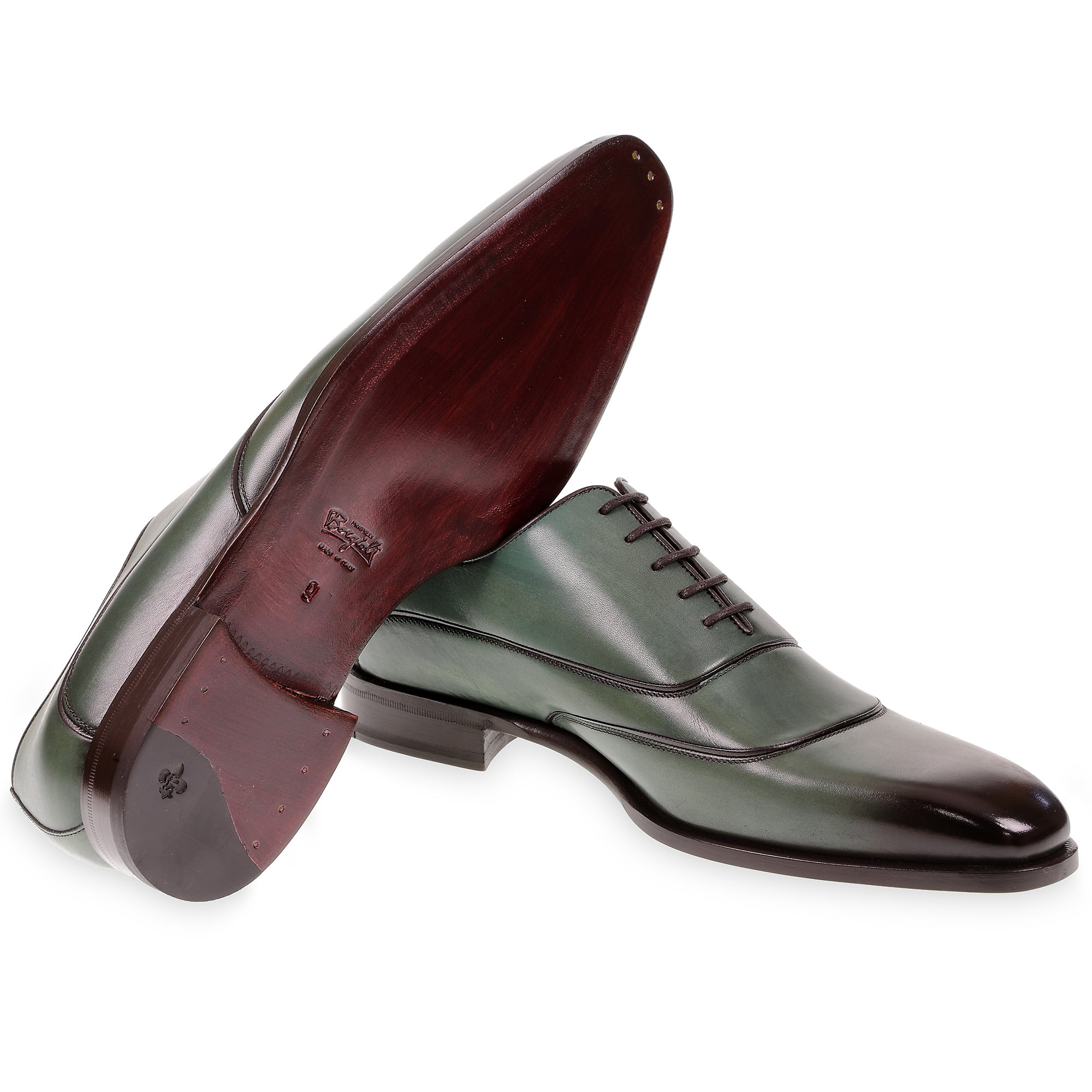 Men's oxford shoes in hand-dyed green leather by Fratelli Borgioli
