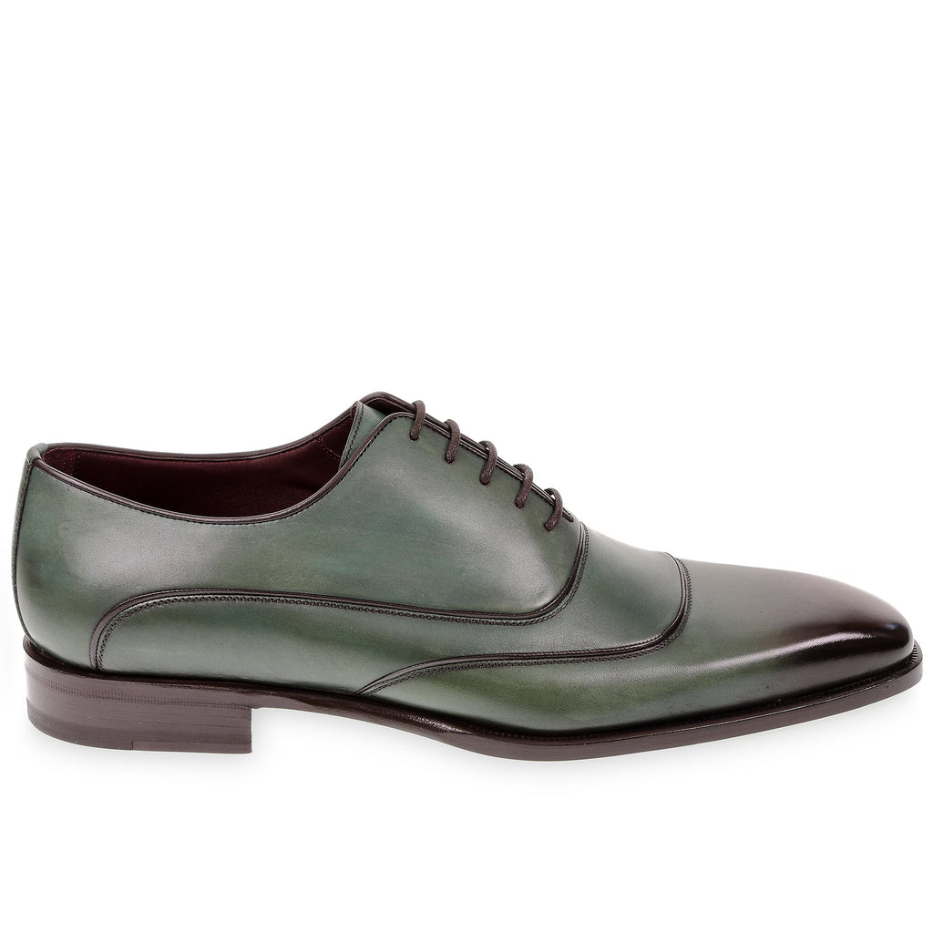 Men's oxford shoes in hand-dyed green leather by Fratelli Borgioli