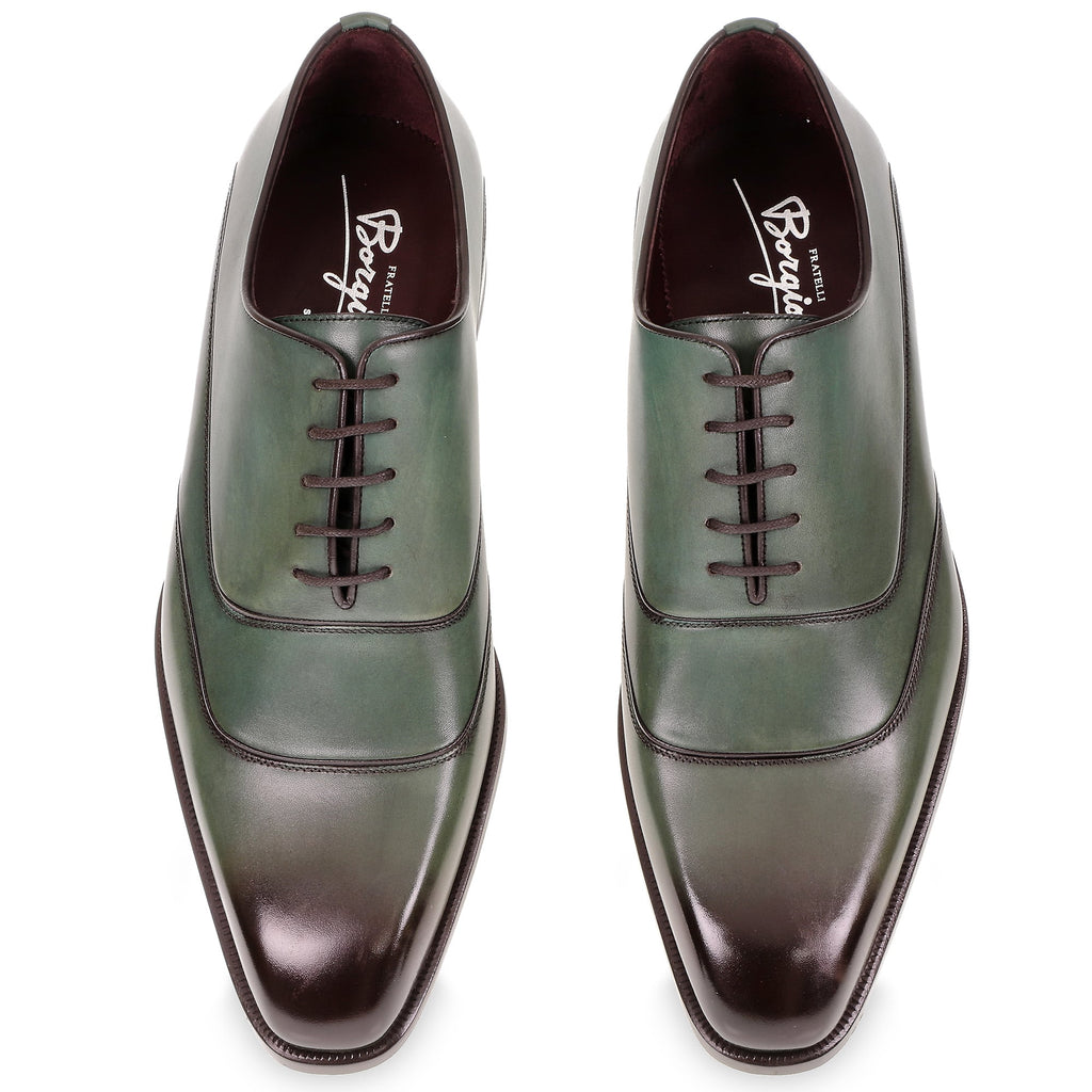 Men's oxford shoes in hand-dyed green leather by Fratelli Borgioli