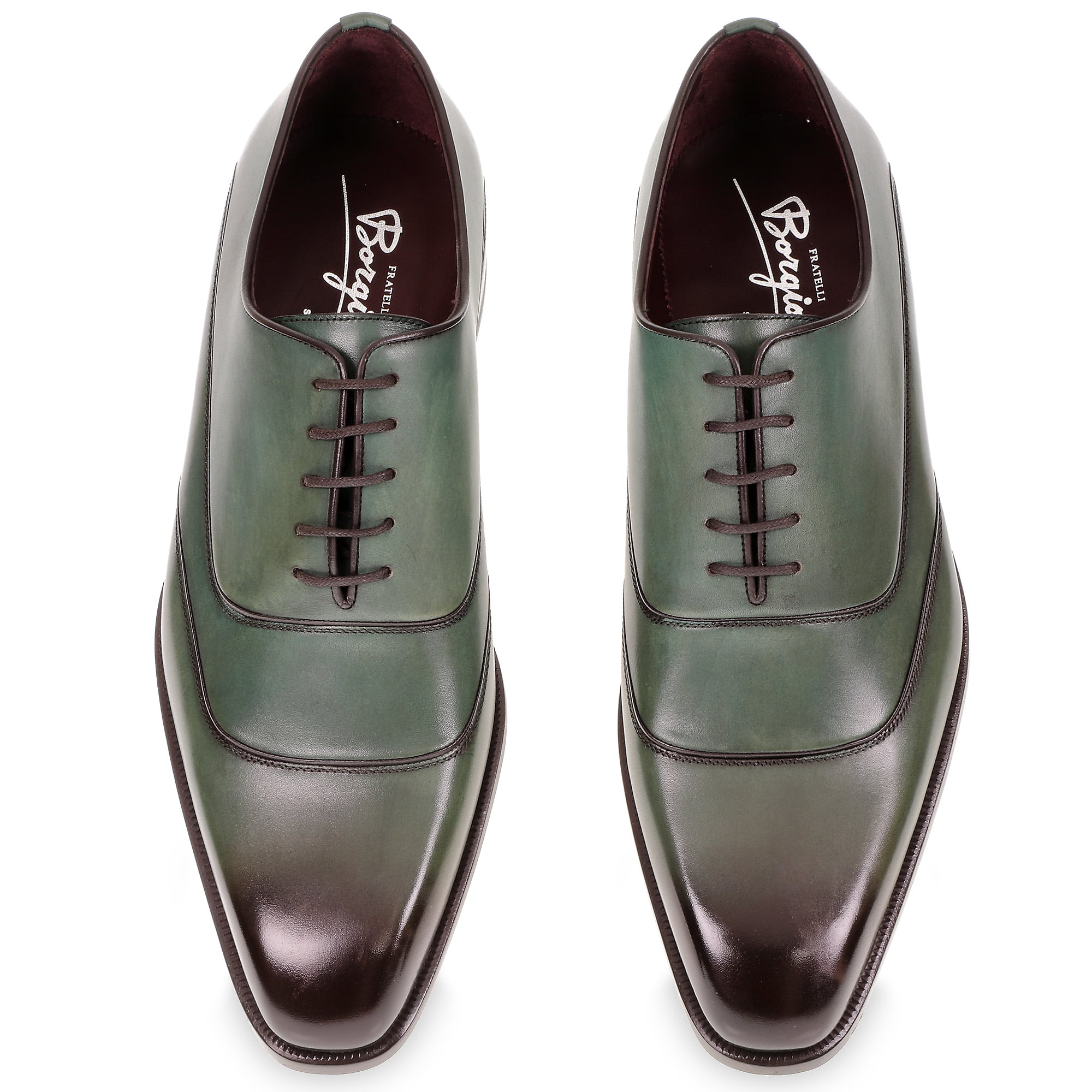Men's oxford shoes in hand-dyed green leather by Fratelli Borgioli