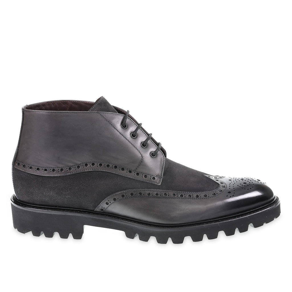 Brogued country style ankle boot in dark gray leather and suede - Fratelli Borgioli (handmade)