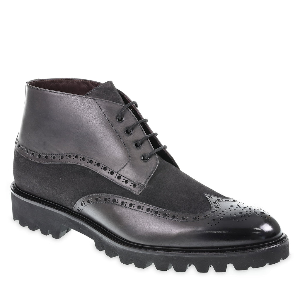 Brogued country style ankle boot in dark gray leather and suede - Fratelli Borgioli (handmade)