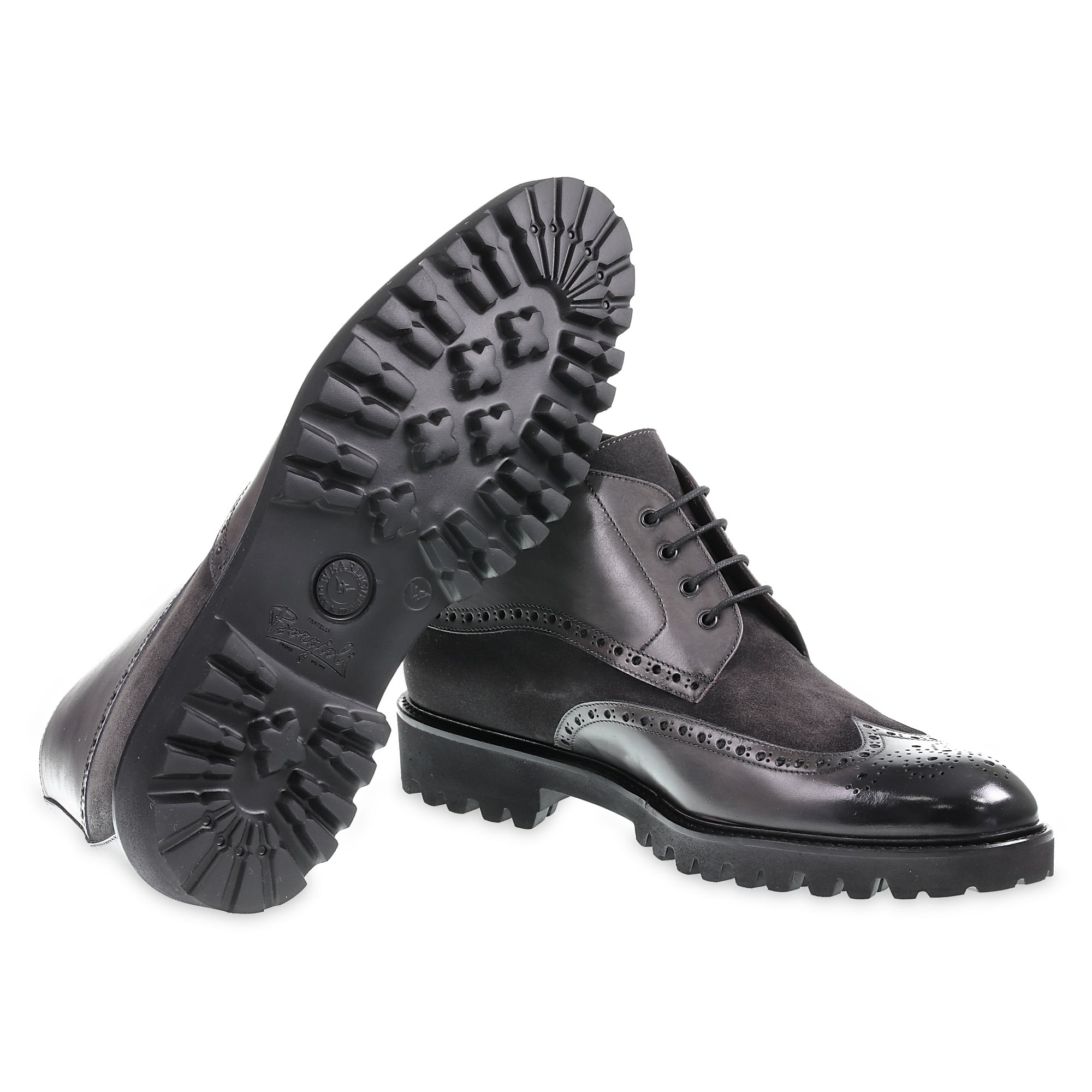 Brogued country style ankle boot in dark gray leather and suede - Fratelli Borgioli (handmade)