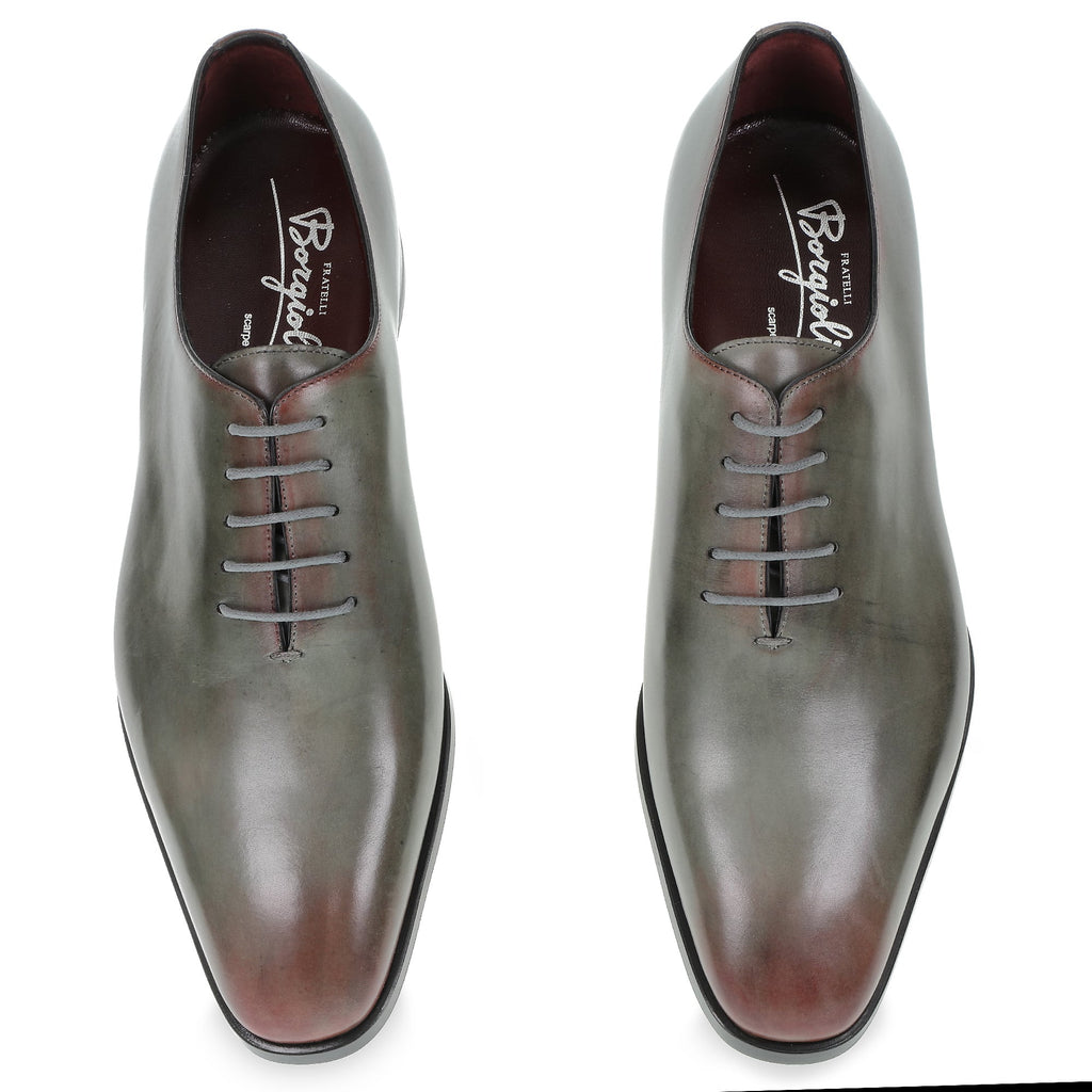 Men's Oxford wholecuts shoes in hand-dyed gray leather with burgundy shades