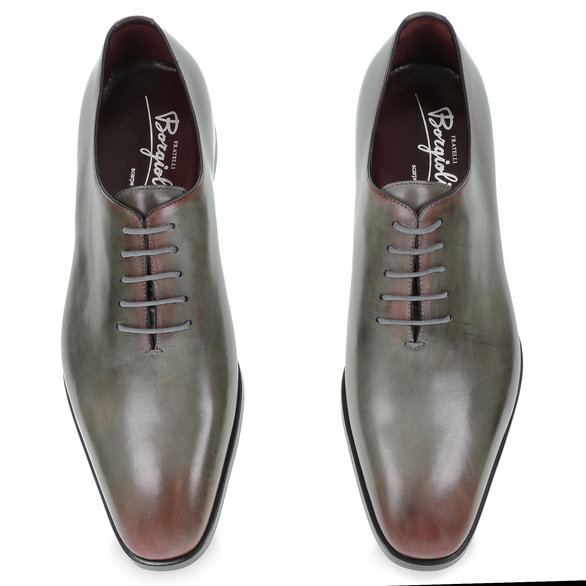 Men's Oxford wholecuts shoes in hand-dyed gray leather with burgundy shades