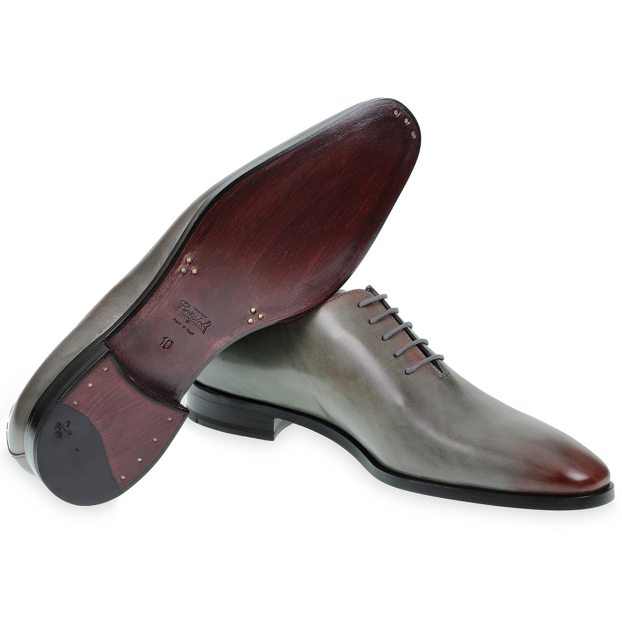 Men's Oxford wholecuts shoes in hand-dyed gray leather with burgundy shades