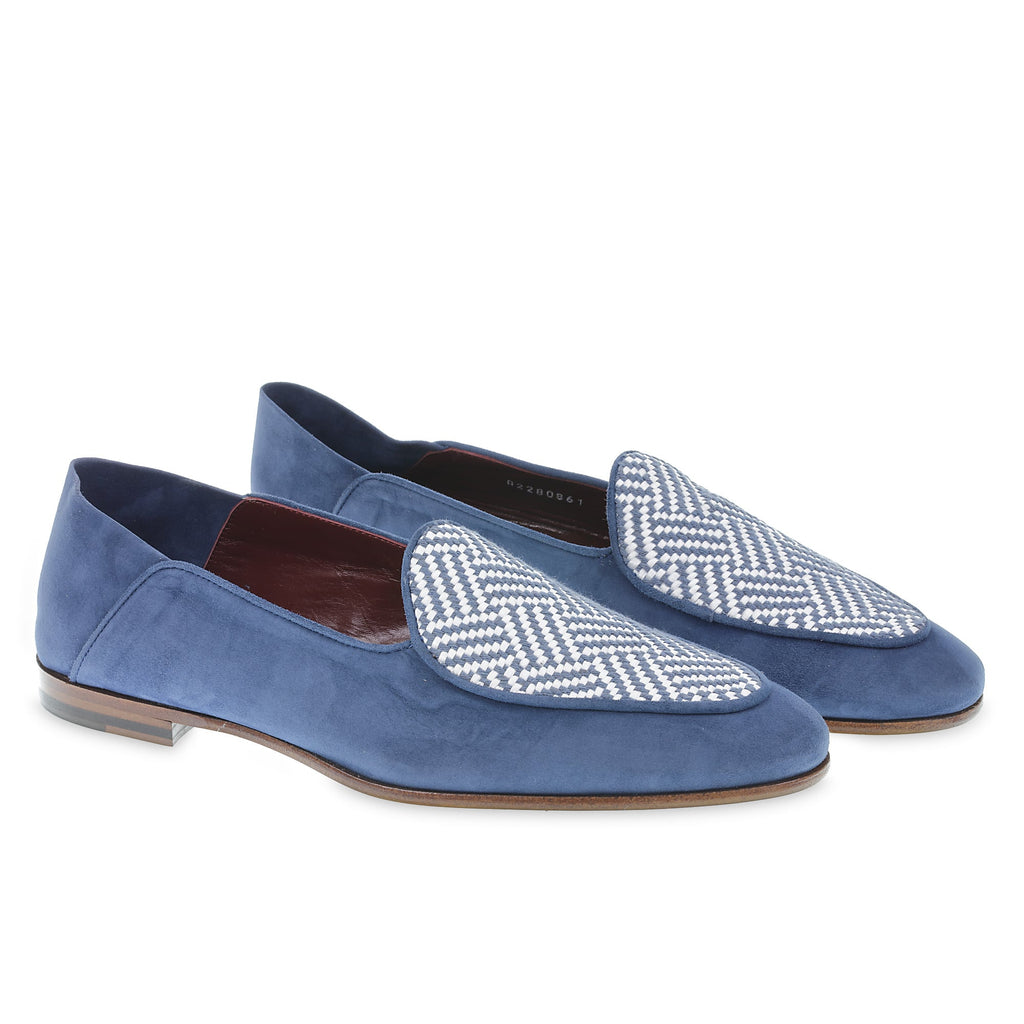 Mocassin belge en daim bleu clair et tissu tissé – faits main