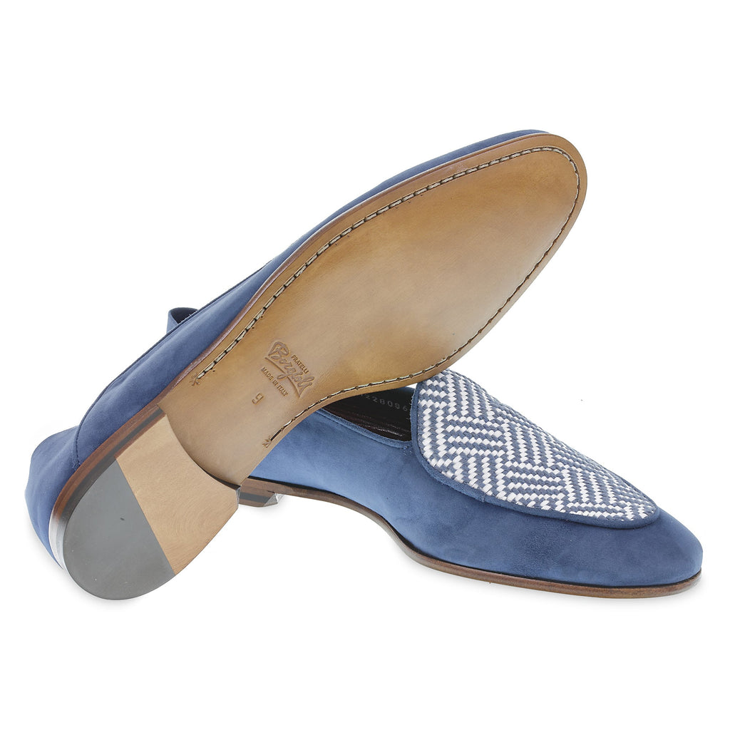 Mocassin belge en daim bleu clair et tissu tissé – faits main