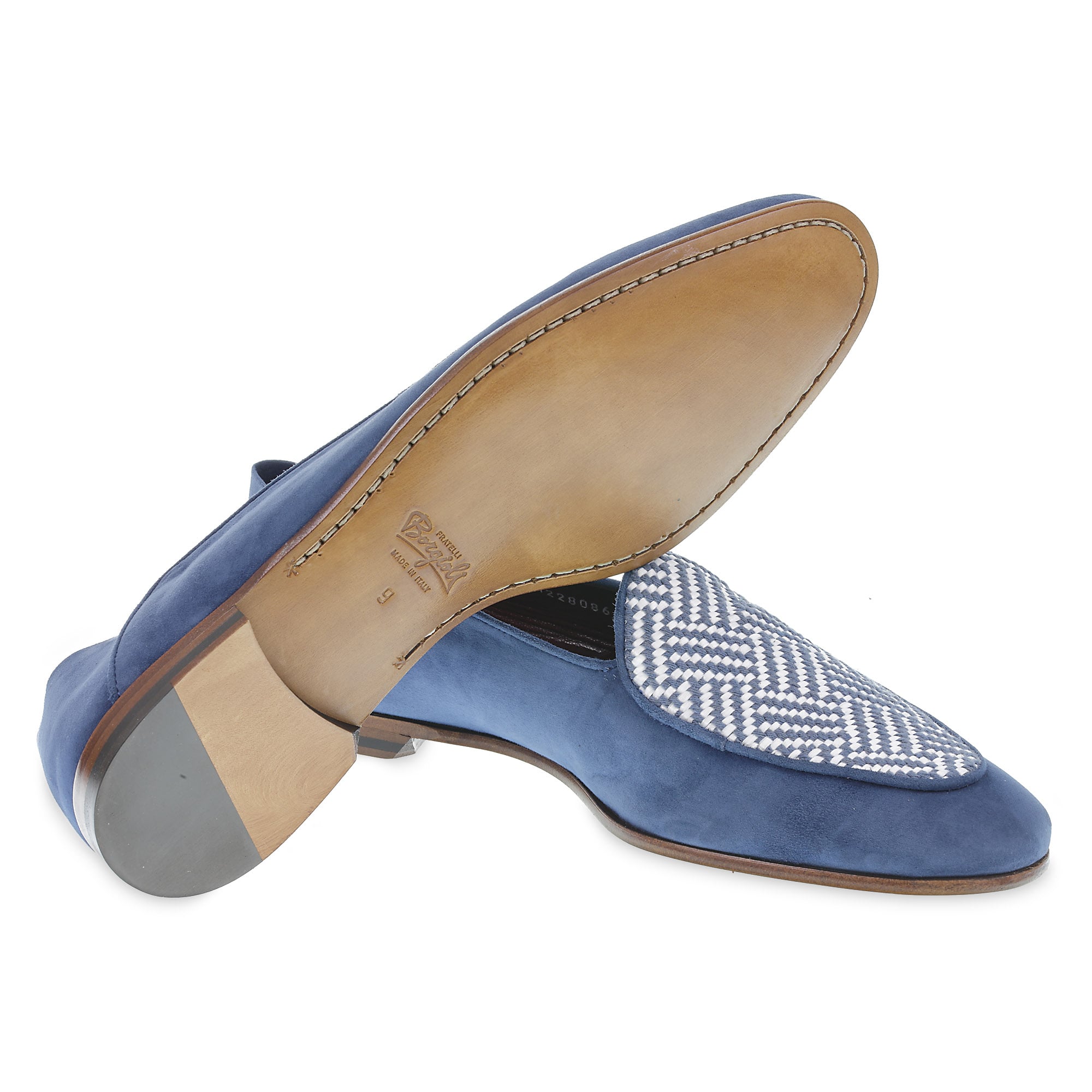 Mocassin belge en daim bleu clair et tissu tissé – faits main