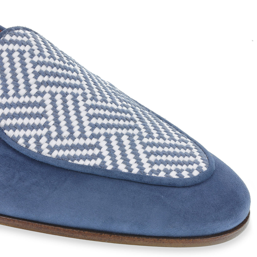Mocassin belge en daim bleu clair et tissu tissé – faits main