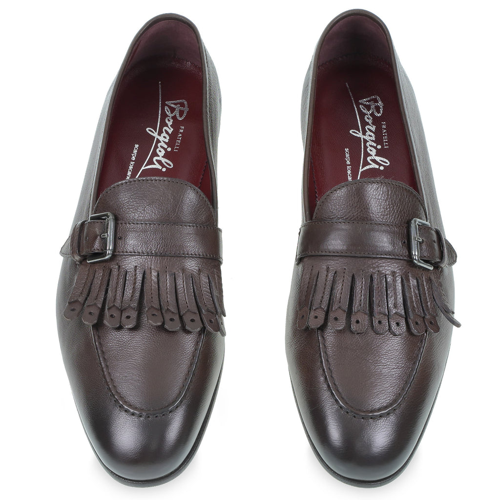 Fringe loafers in soft dark brown leather by Fratelli Borgioli – handcrafted