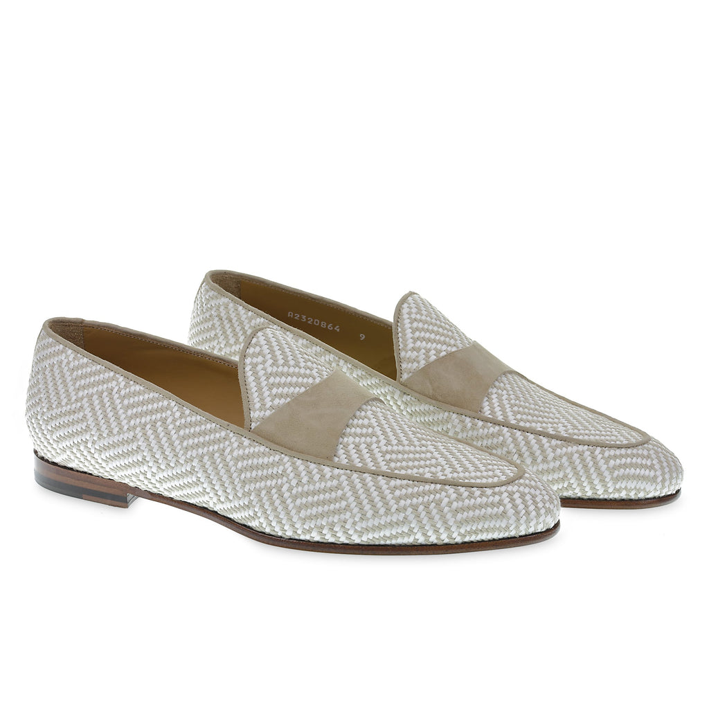 Penny loafer in white and beige suede and woven fabric – made by hand