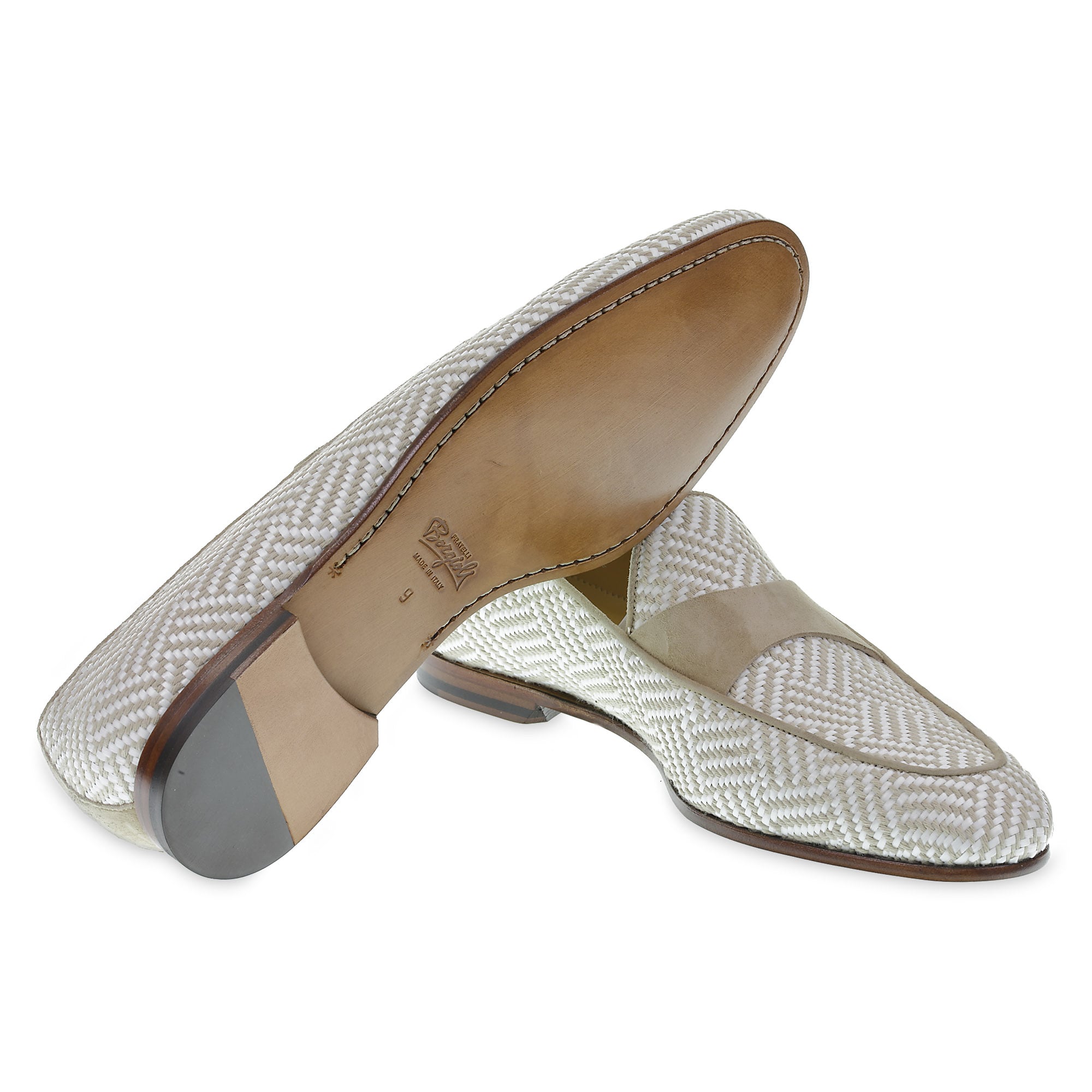 Mocassin Penny en daim et tissu tressé blanc et beige – fabriquées à la main