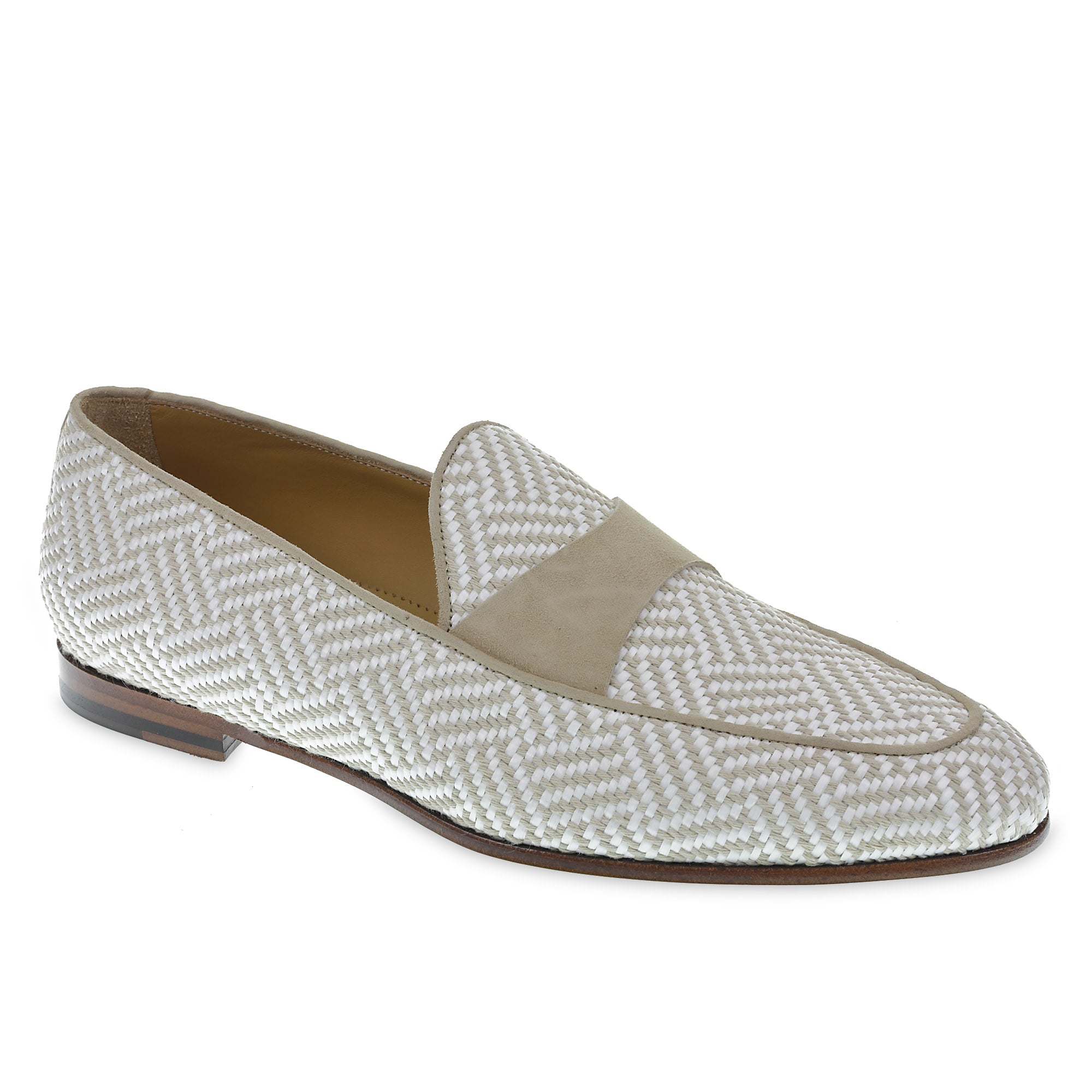 Penny loafer in white and beige suede and woven fabric – made by hand