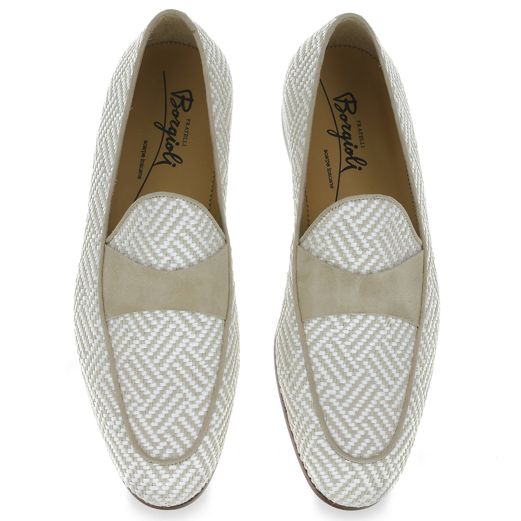 Penny loafer in white and beige suede and woven fabric – made by hand