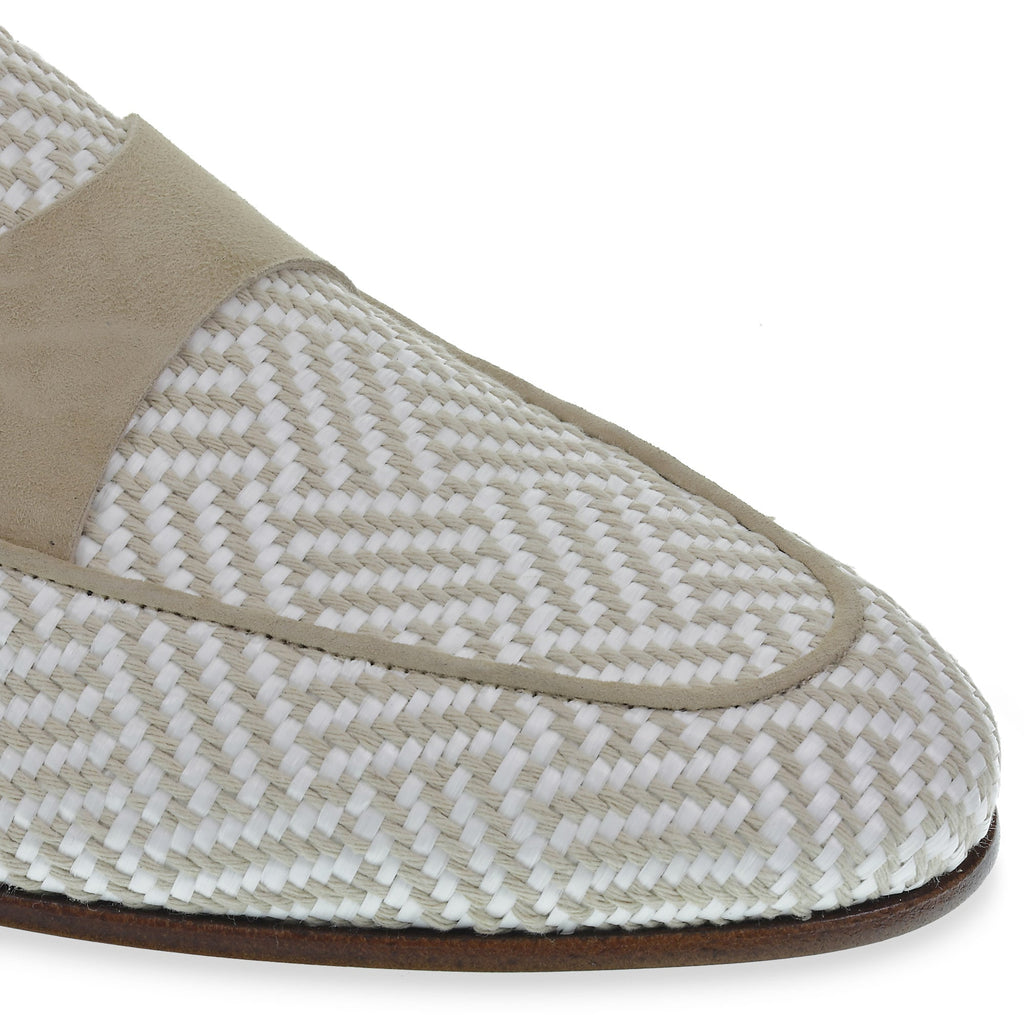 Penny loafer in white and beige suede and woven fabric – made by hand