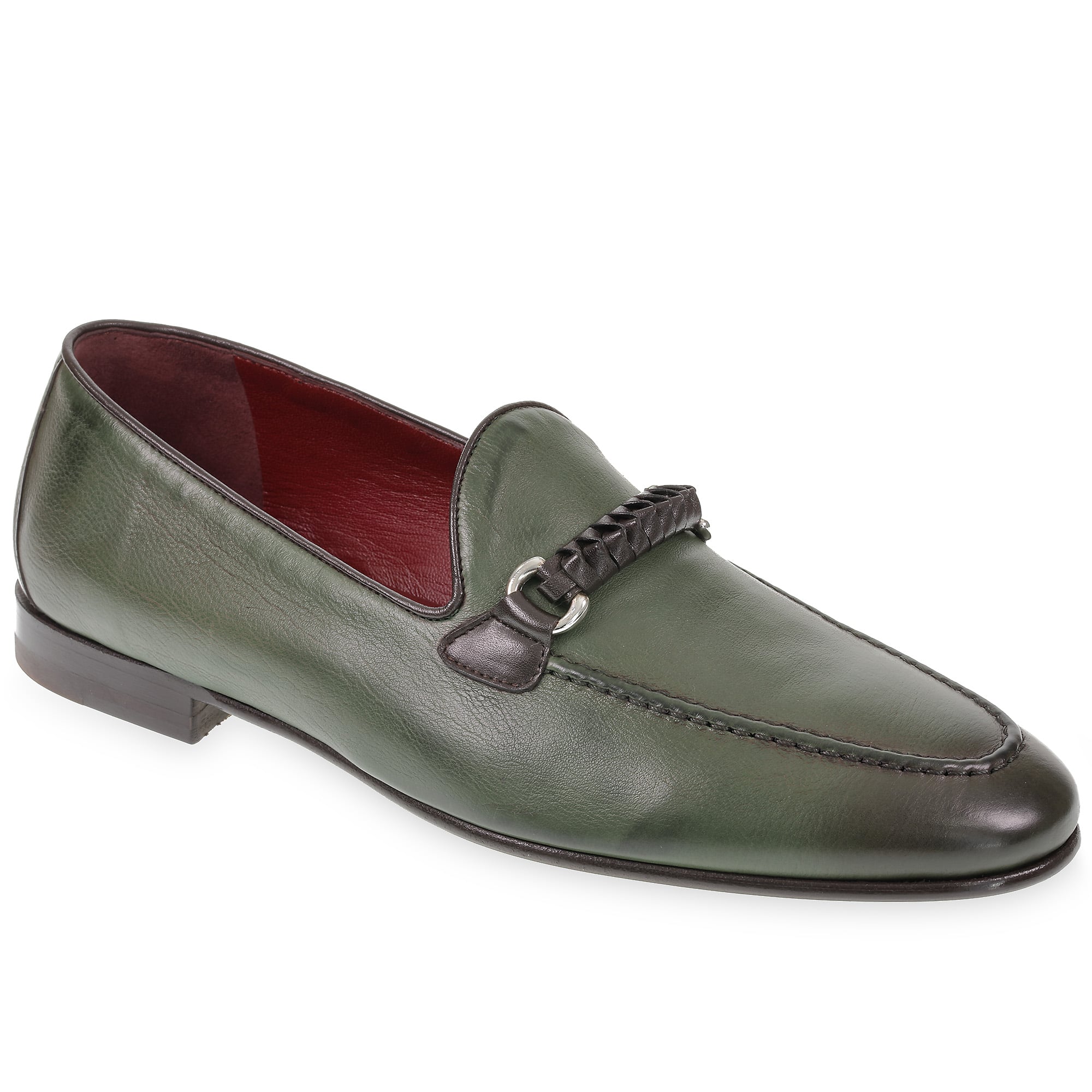 Green leather men's moccasin with braided loop – handcrafted