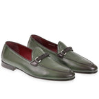 Green leather men's moccasin with braided loop – handcrafted