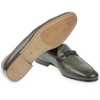 Green leather men's moccasin with braided loop – handcrafted
