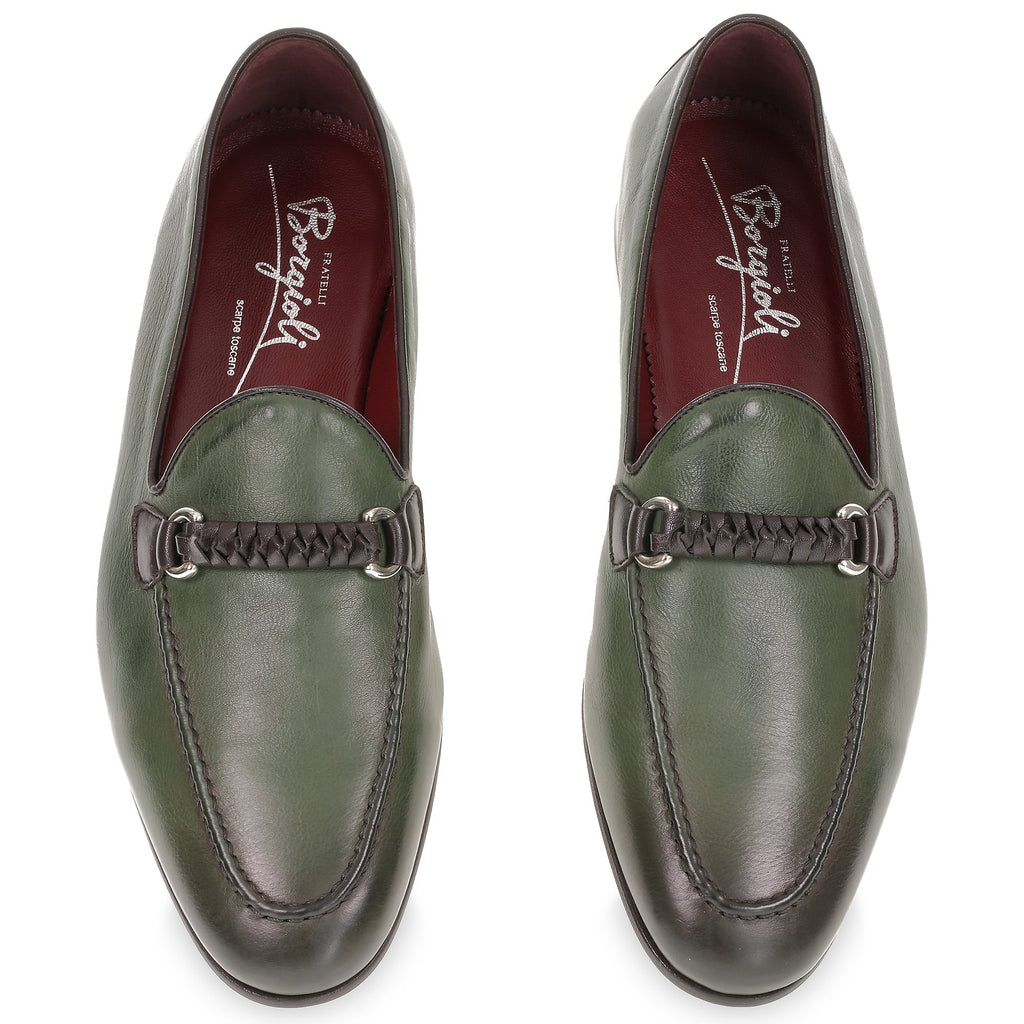 Green leather men's moccasin with braided loop – handcrafted
