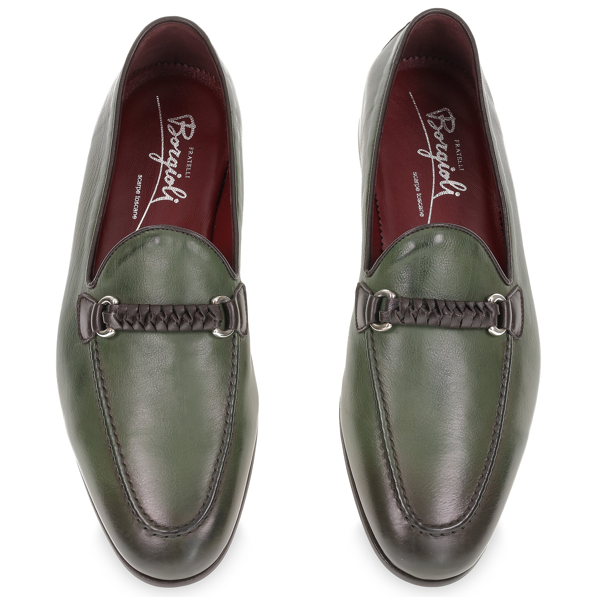 Green leather men's moccasin with braided loop – handcrafted