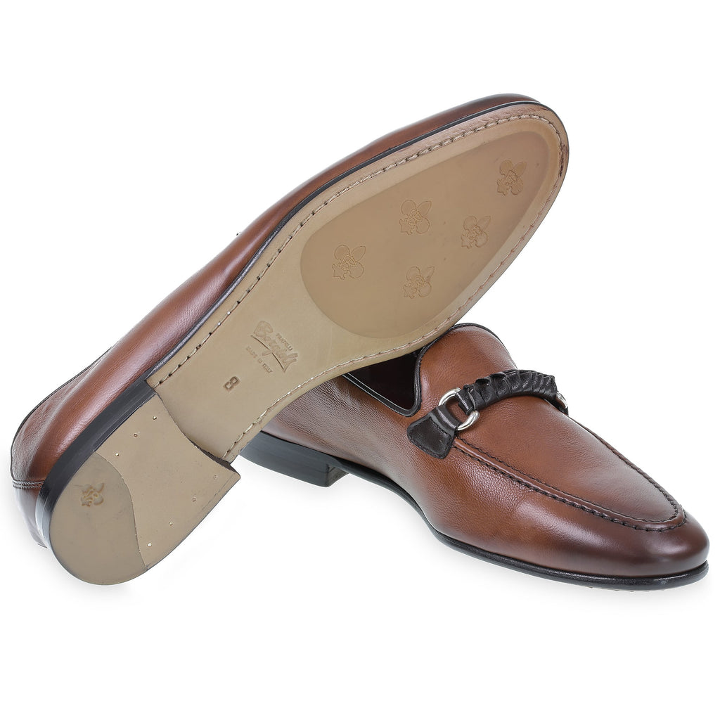 Men's loafers in brown leather with hand woven bit