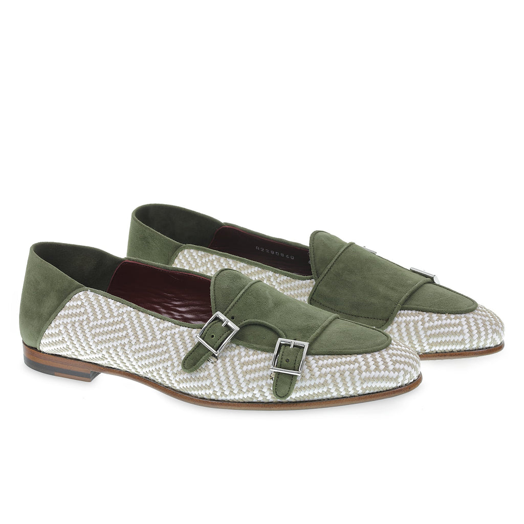 Double buckle moccasin in green suede and woven fabric - Fratelli Borgioli – handcrafted