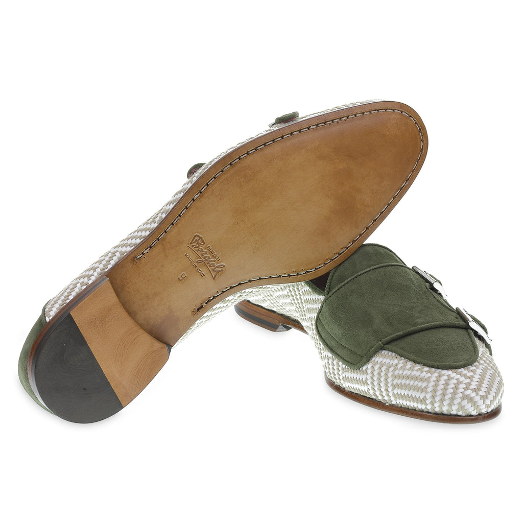 Double buckle moccasin in green suede and woven fabric - Fratelli Borgioli – handcrafted