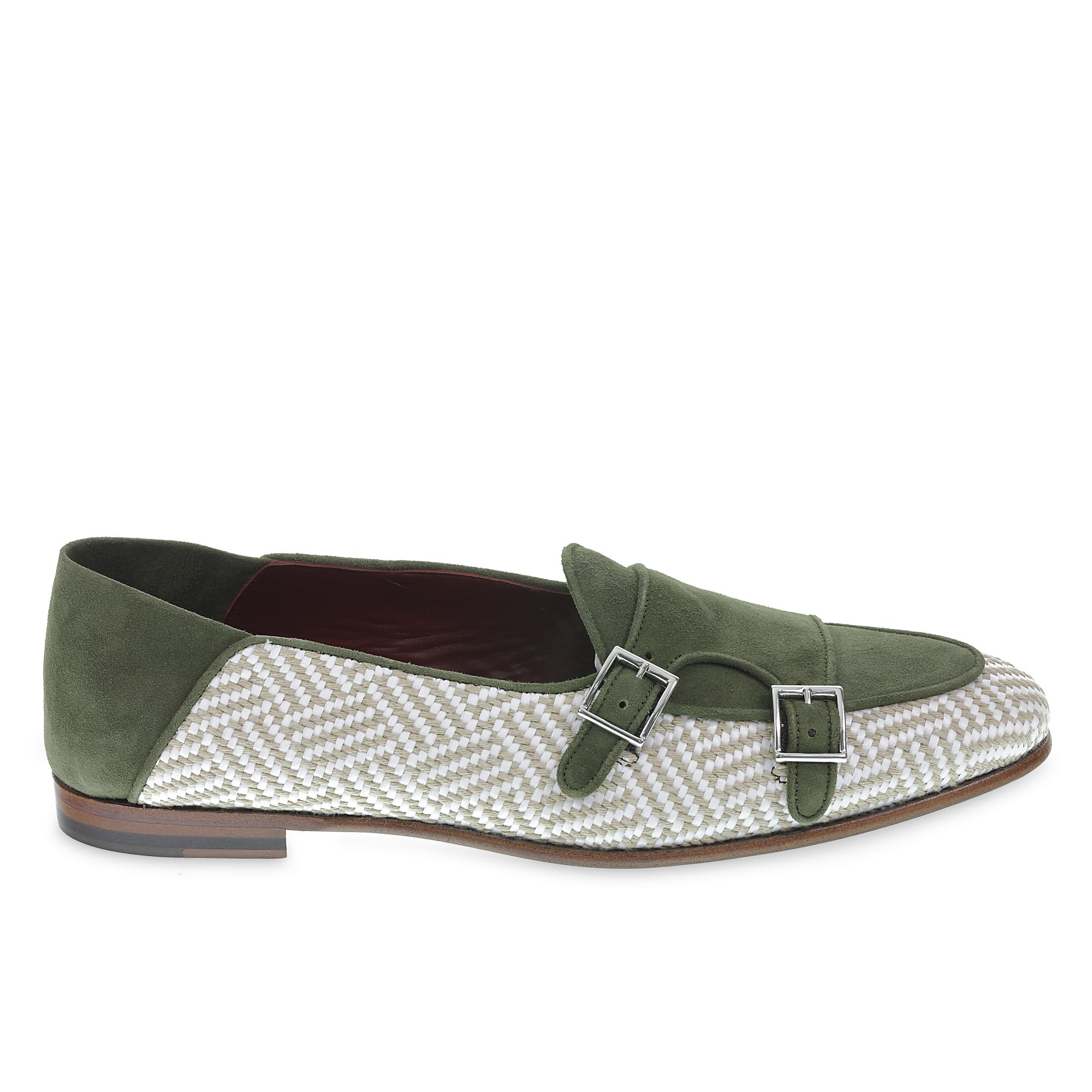 Double buckle moccasin in green suede and woven fabric - Fratelli Borgioli – handcrafted