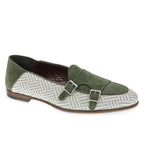 Double buckle moccasin in green suede and woven fabric - Fratelli Borgioli – handcrafted