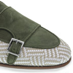Double buckle moccasin in green suede and woven fabric - Fratelli Borgioli – handcrafted